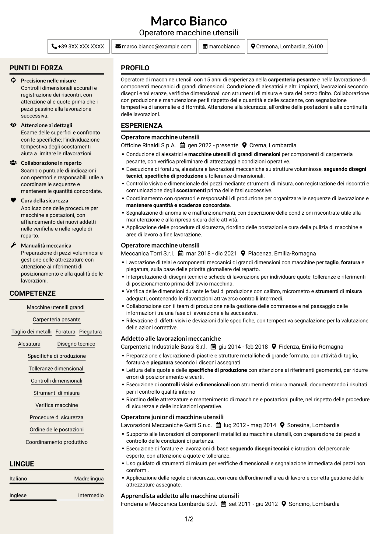 CV Intraprendente (formato a due colonne con intestazione centrata senza foto): Addetto macchine utensili - Carpenteria pesante, pagina 1