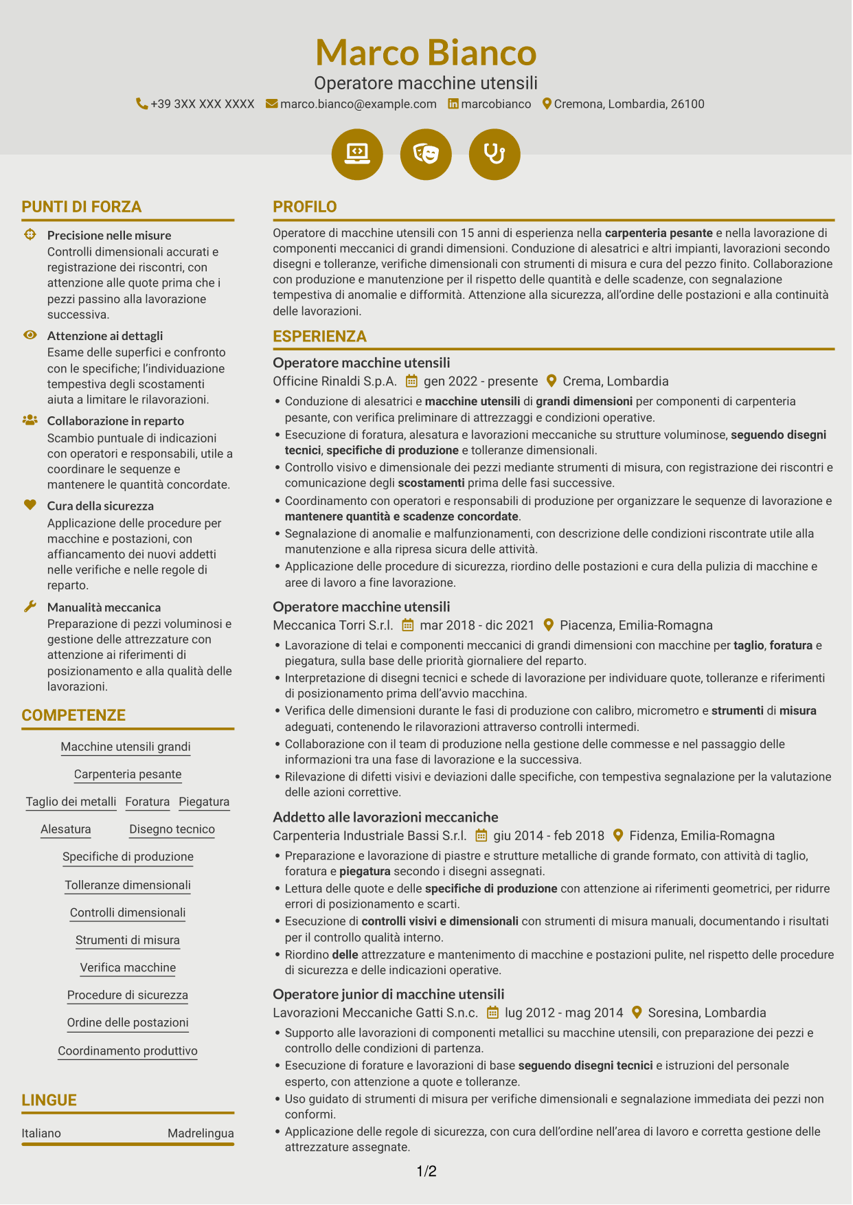CV Dinamico (formato a due colonne con icone): Addetto macchine utensili - Carpenteria pesante, pagina 1