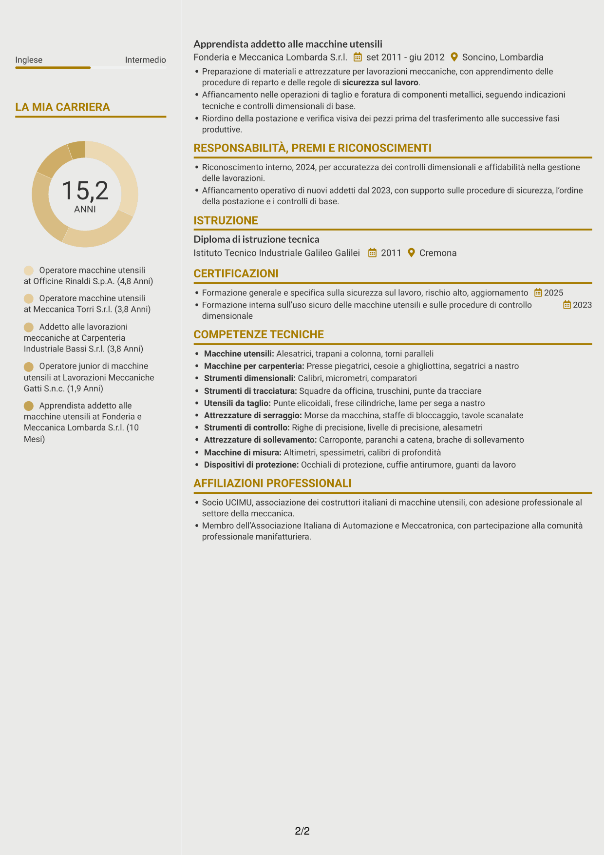 CV Dinamico (formato a due colonne con icone): Addetto macchine utensili - Carpenteria pesante, pagina 2