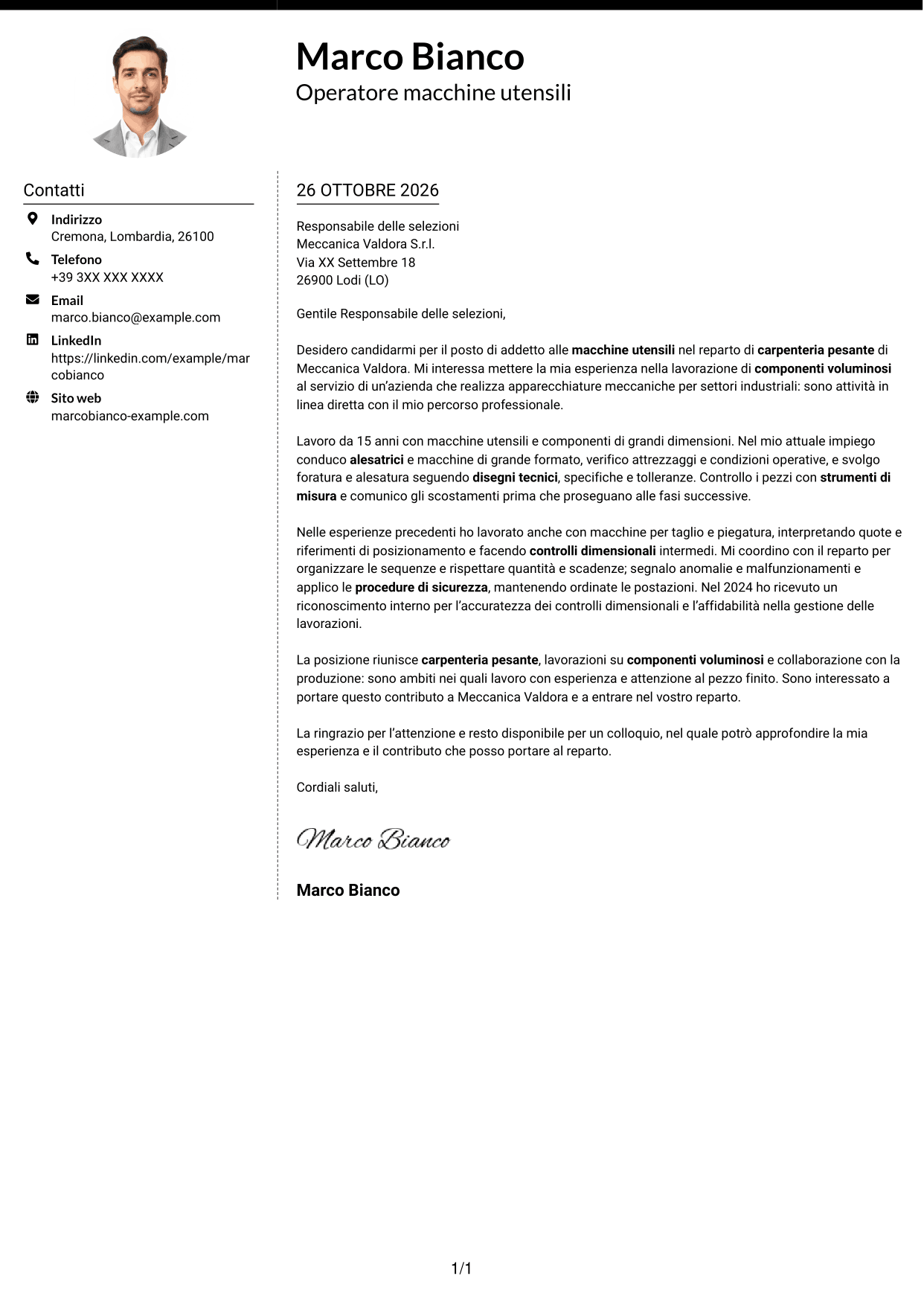 Lettera di presentazione Moderno (formato a due colonne con foto a sinistra e separatore): Addetto macchine utensili - Carpenteria pesante, pagina 1
