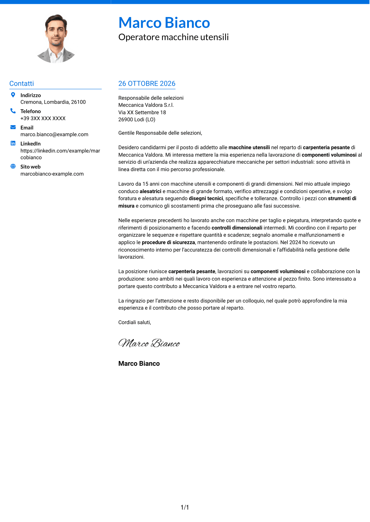 Lettera di presentazione Audace (formato a due colonne con accenti colorati e foto): Addetto macchine utensili - Carpenteria pesante, pagina 1