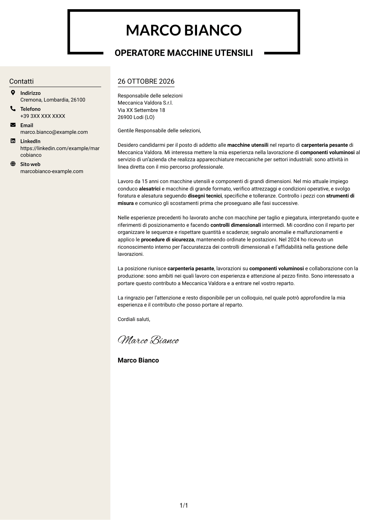 Lettera di presentazione Intraprendente (formato a due colonne con intestazione centrata senza foto): Addetto macchine utensili - Carpenteria pesante, pagina 1