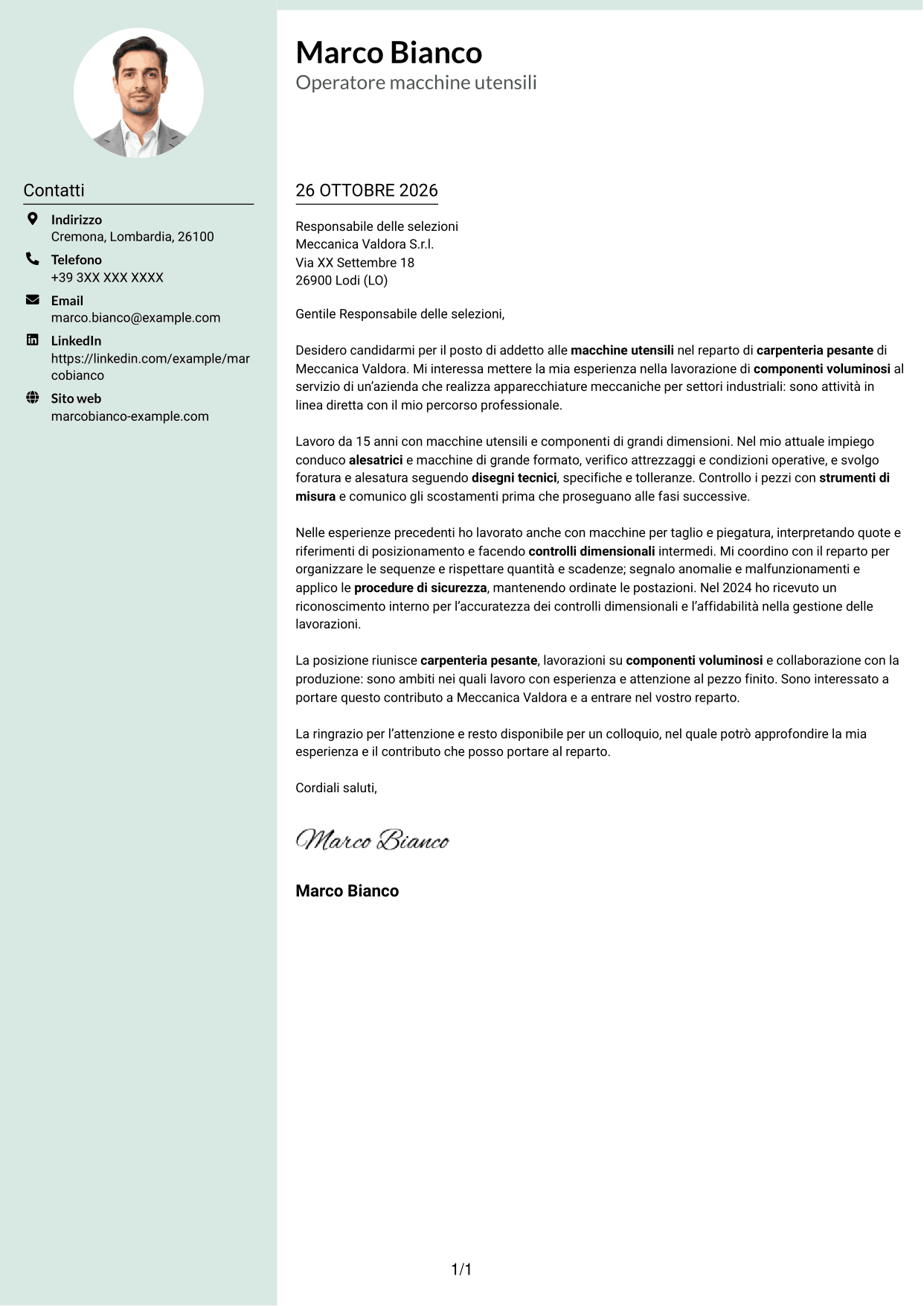 Lettera di presentazione Dirigente (formato con colonna laterale tenue e foto arrotondata): Addetto macchine utensili - Carpenteria pesante, pagina 1