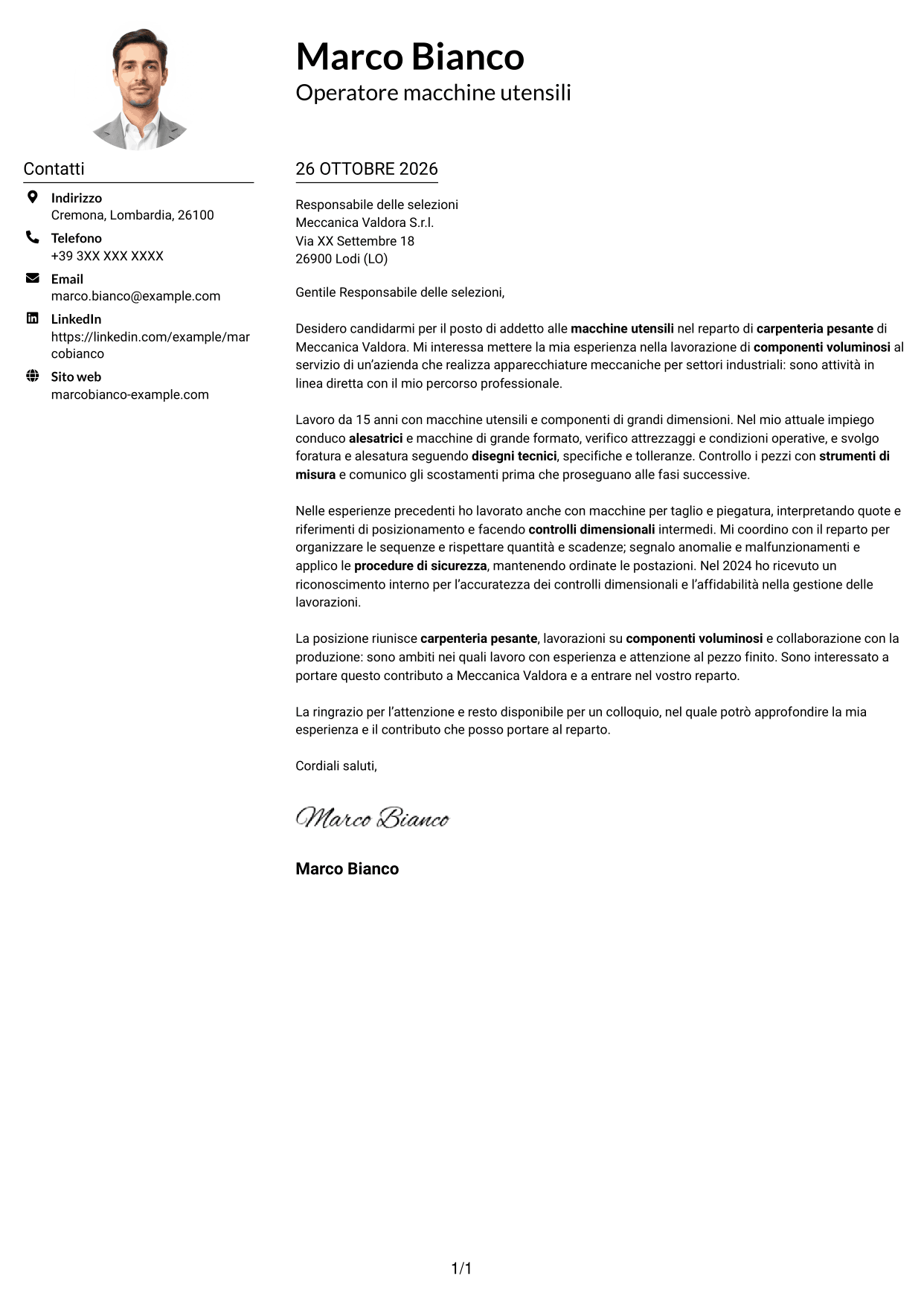 Esempio di lettera di presentazione — pagina 1