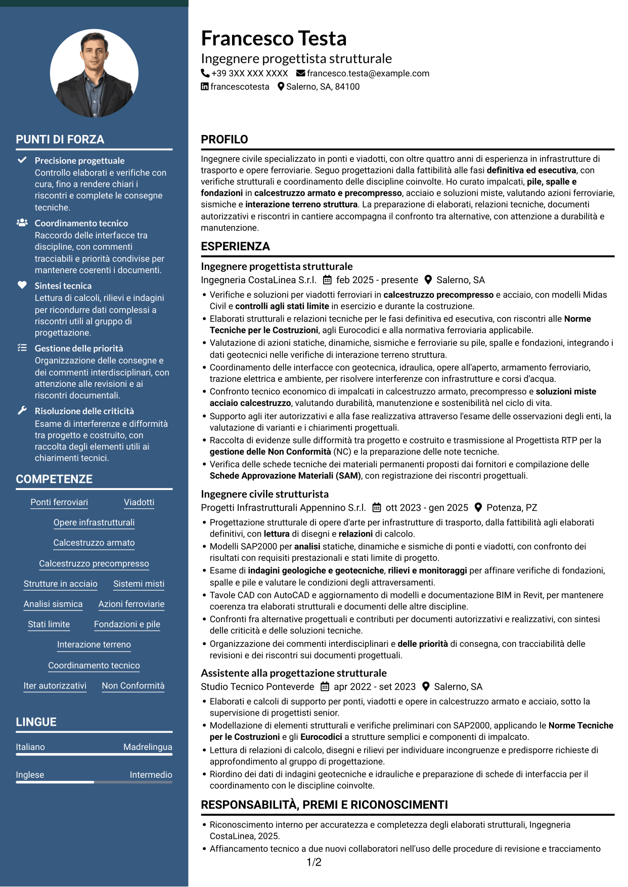 CV Elegante (formato con colonna laterale colorata e foto): Addetto Ponti e Viadotti, pagina 1