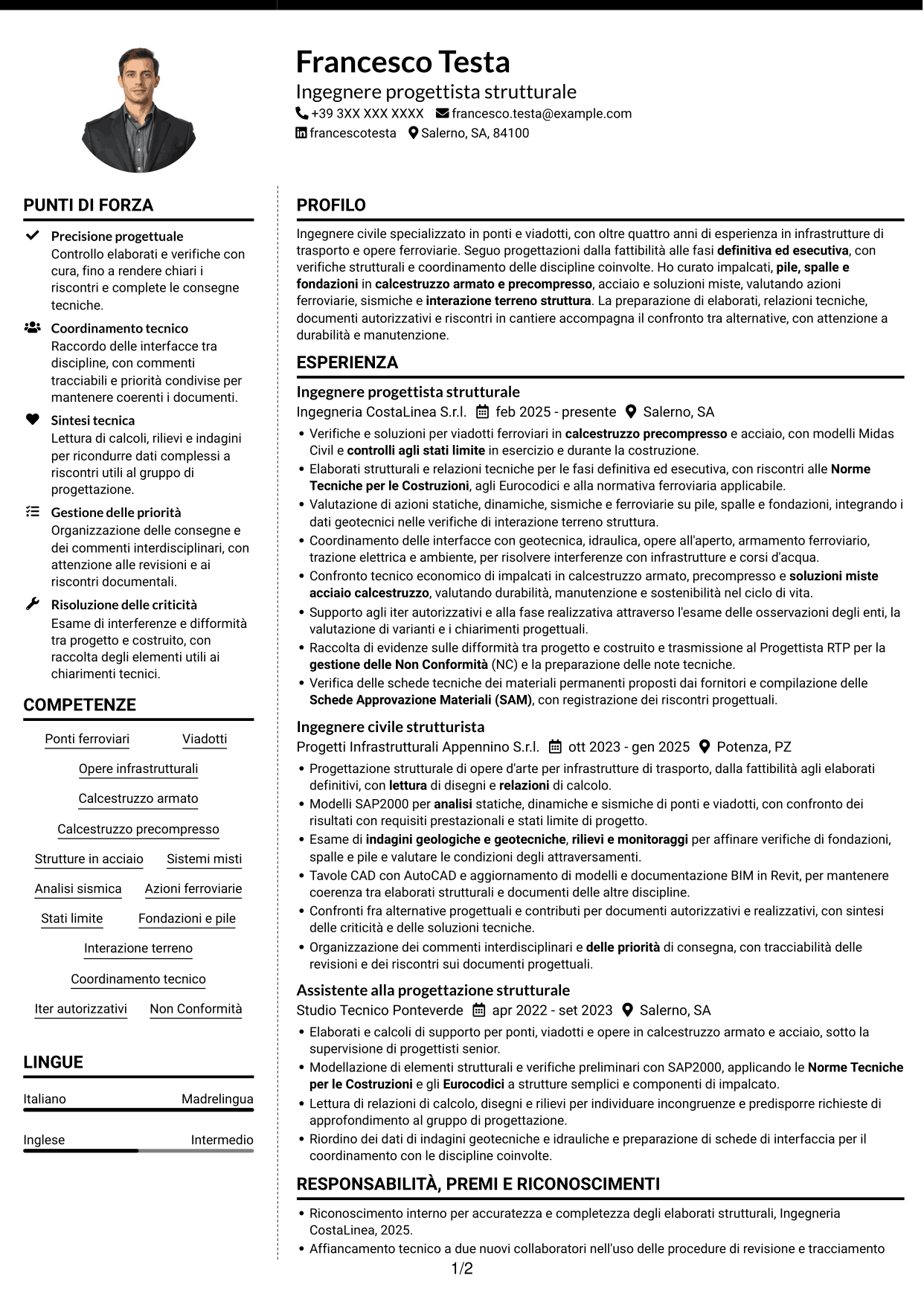 CV Moderno (formato a due colonne con foto a sinistra e separatore): Addetto Ponti e Viadotti, pagina 1