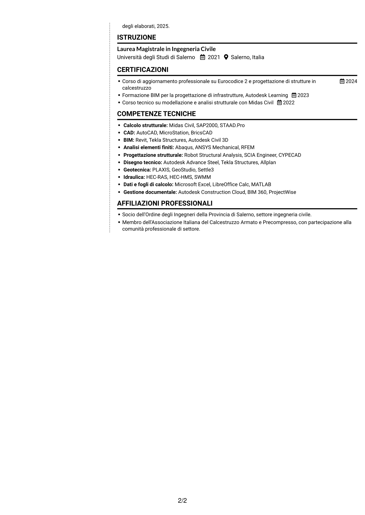 CV Moderno (formato a due colonne con foto a sinistra e separatore): Addetto Ponti e Viadotti, pagina 2