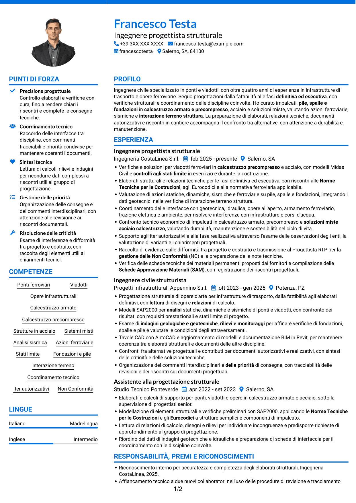 CV Audace (formato a due colonne con accenti colorati e foto): Addetto Ponti e Viadotti, pagina 1