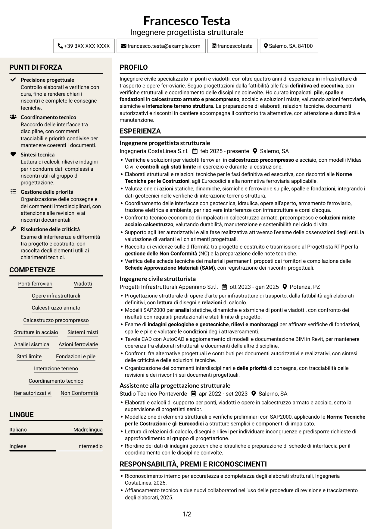 CV Intraprendente (formato a due colonne con intestazione centrata senza foto): Addetto Ponti e Viadotti, pagina 1