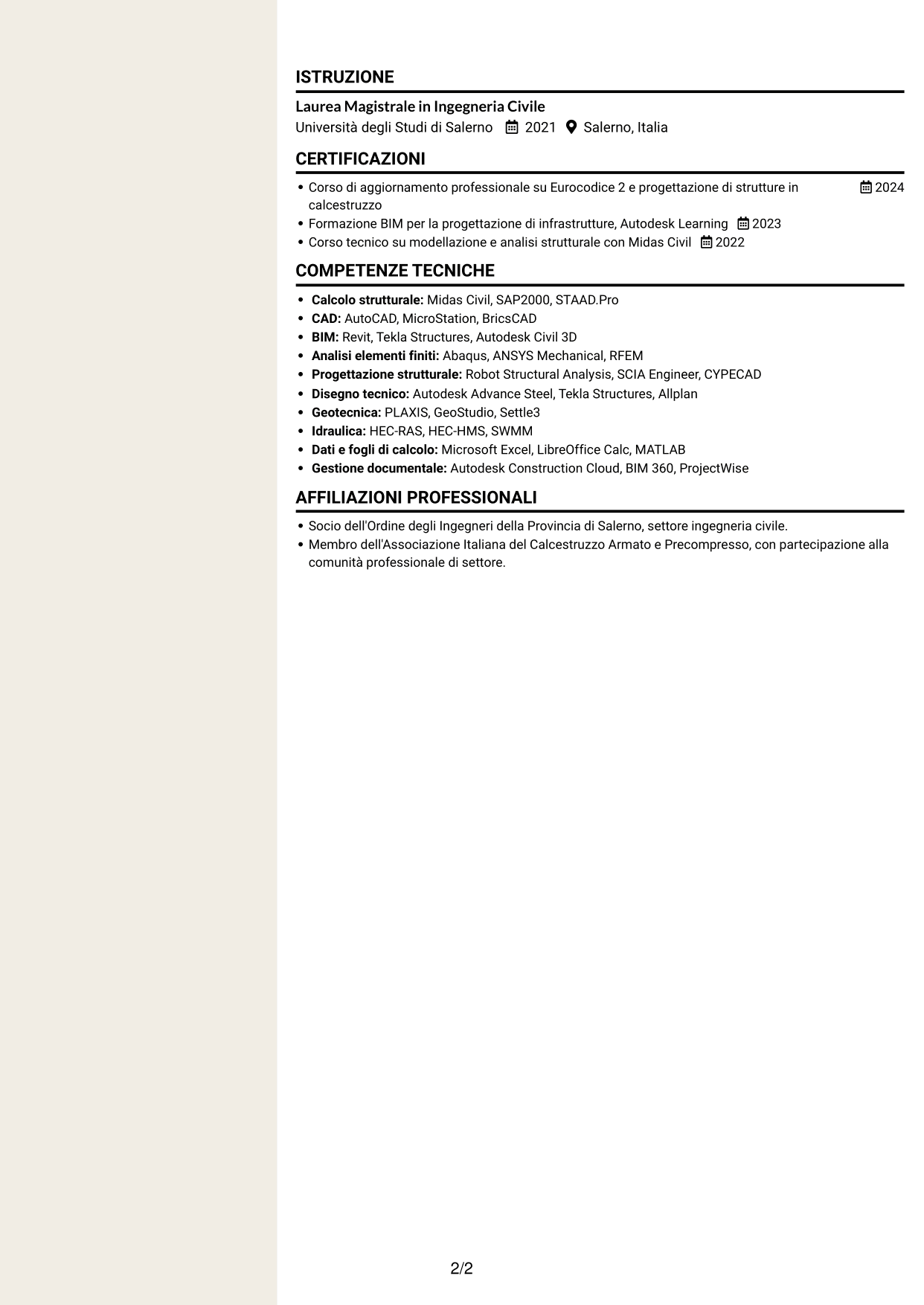 CV Intraprendente (formato a due colonne con intestazione centrata senza foto): Addetto Ponti e Viadotti, pagina 2