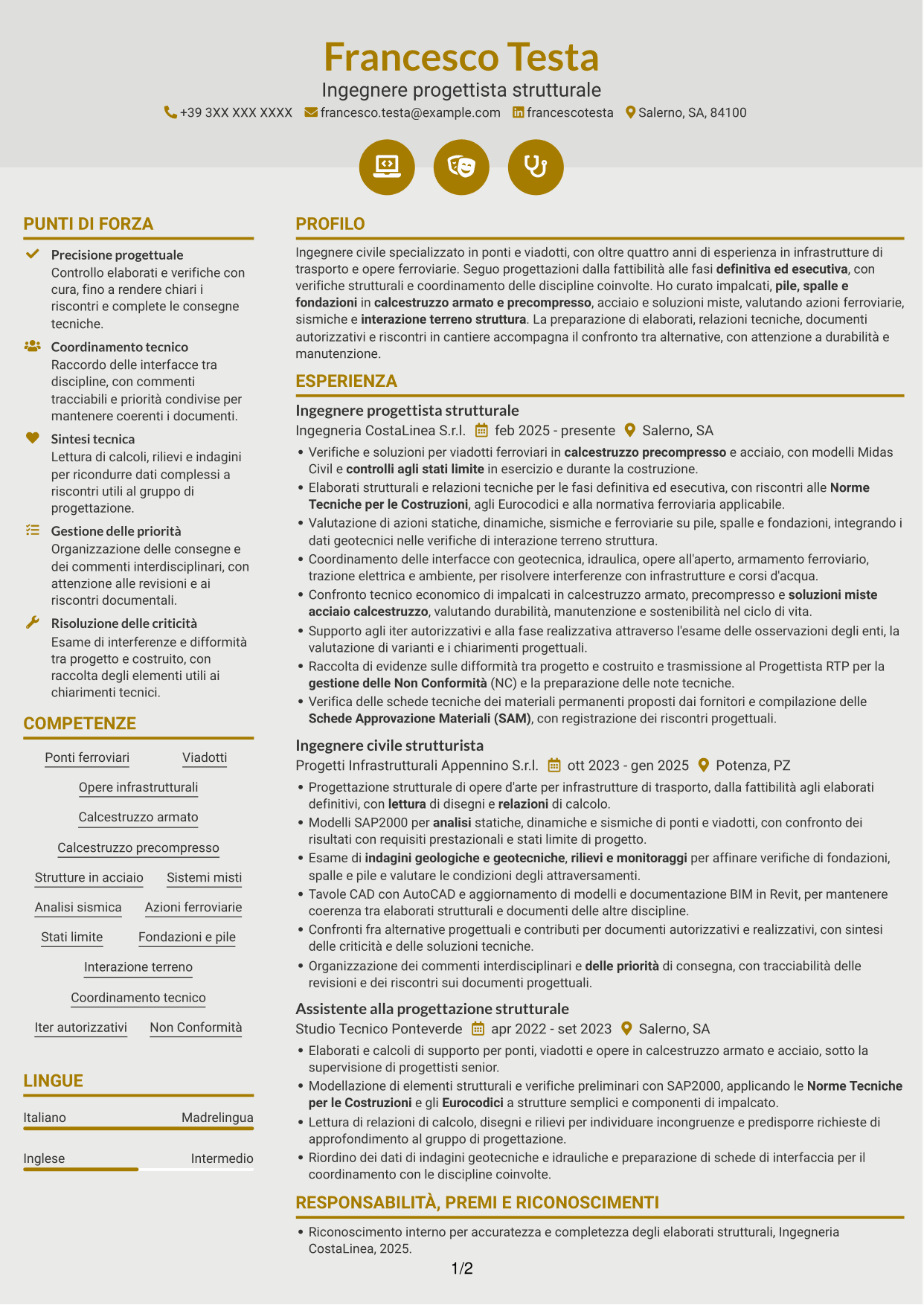 CV Dinamico (formato a due colonne con icone): Addetto Ponti e Viadotti, pagina 1