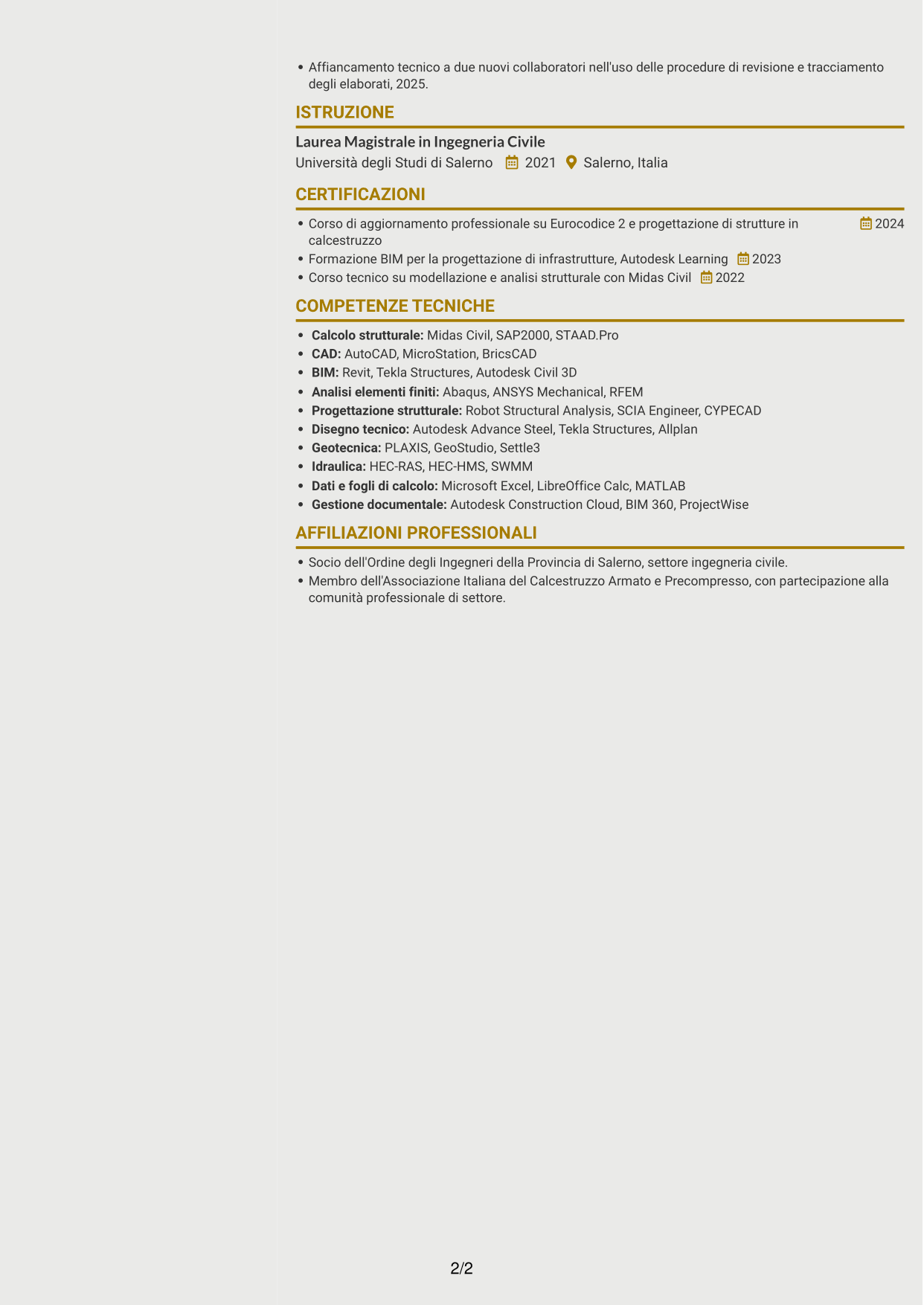 CV Dinamico (formato a due colonne con icone): Addetto Ponti e Viadotti, pagina 2
