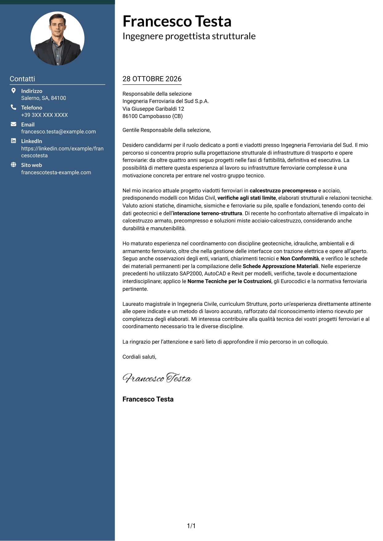 Lettera di presentazione Elegante (formato con colonna laterale colorata e foto): Addetto Ponti e Viadotti, pagina 1