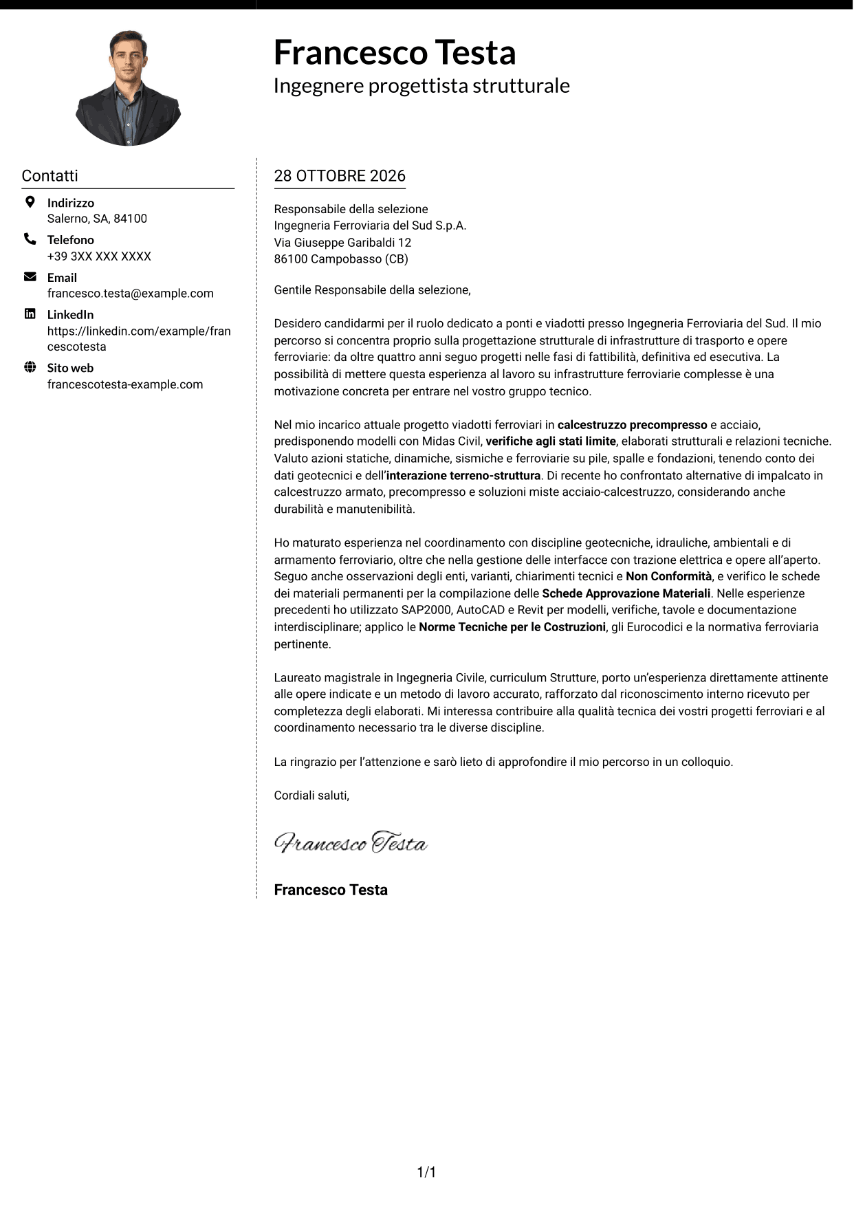 Lettera di presentazione Moderno (formato a due colonne con foto a sinistra e separatore): Addetto Ponti e Viadotti, pagina 1