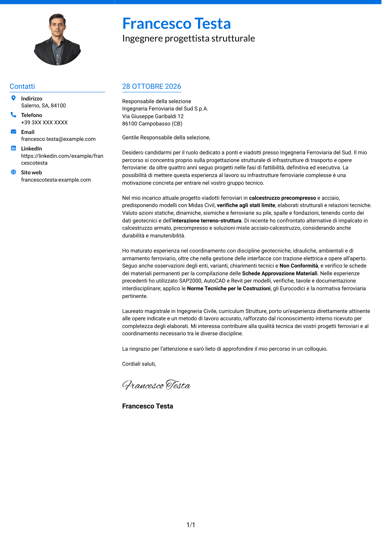 Lettera di presentazione Audace (formato a due colonne con accenti colorati e foto): Addetto Ponti e Viadotti, pagina 1