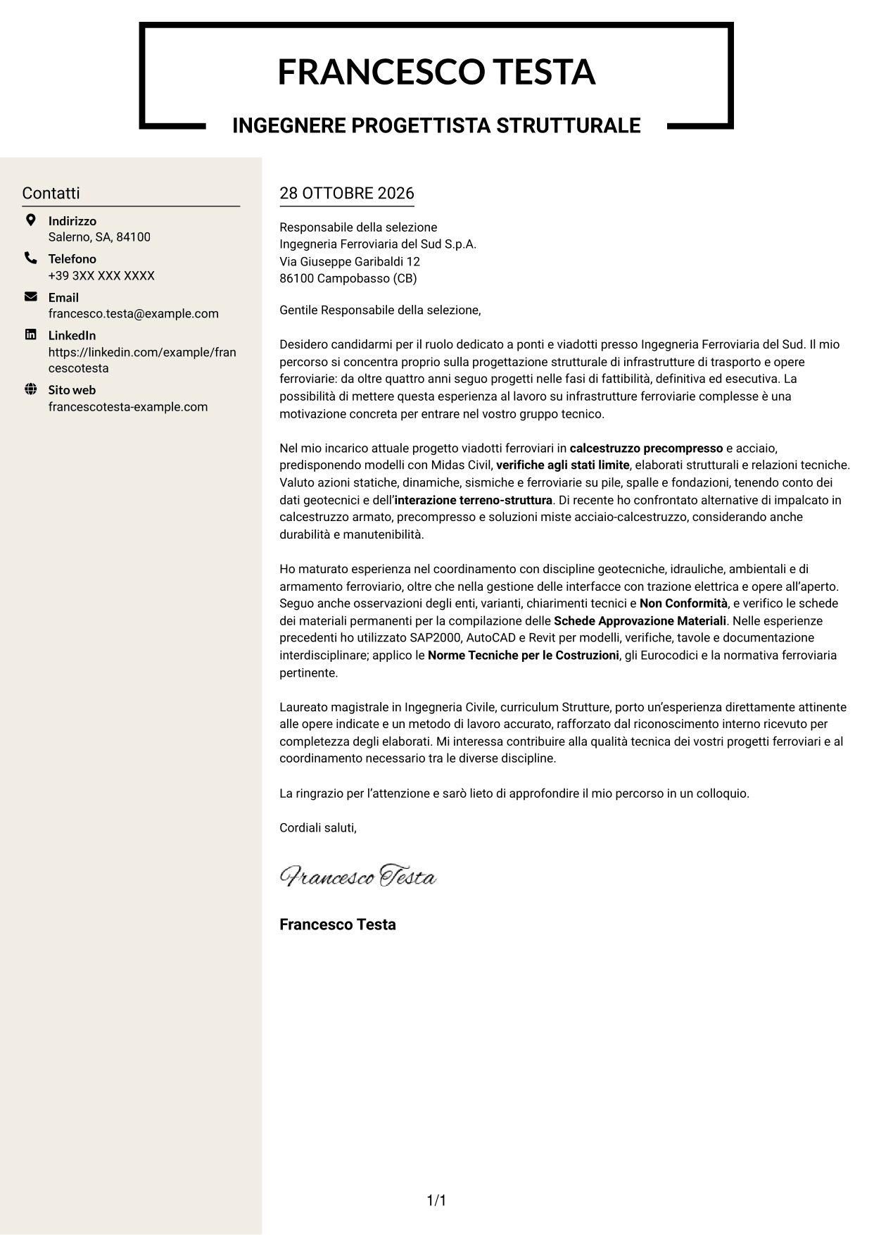Lettera di presentazione Intraprendente (formato a due colonne con intestazione centrata senza foto): Addetto Ponti e Viadotti, pagina 1