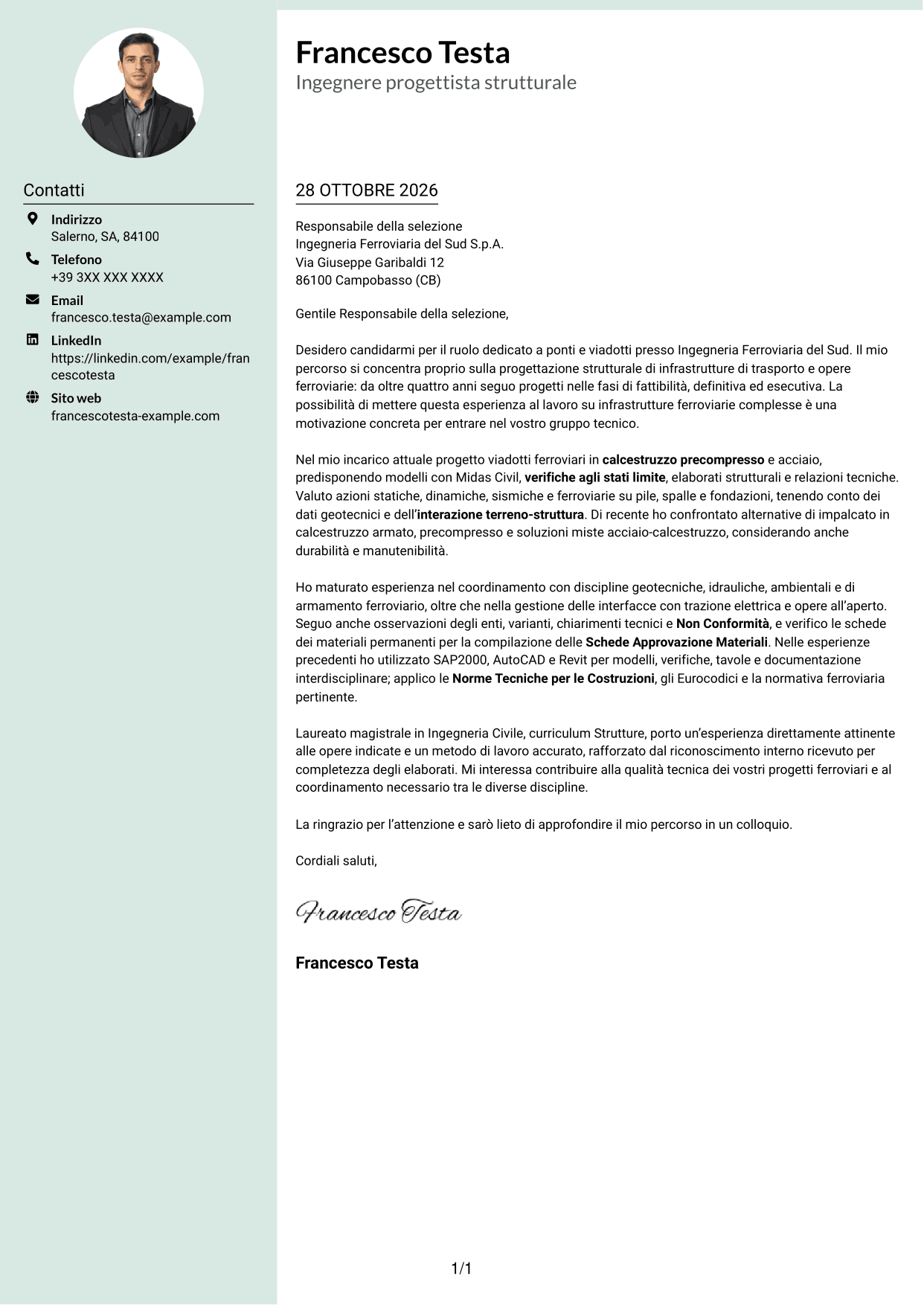 Lettera di presentazione Dirigente (formato con colonna laterale tenue e foto arrotondata): Addetto Ponti e Viadotti, pagina 1