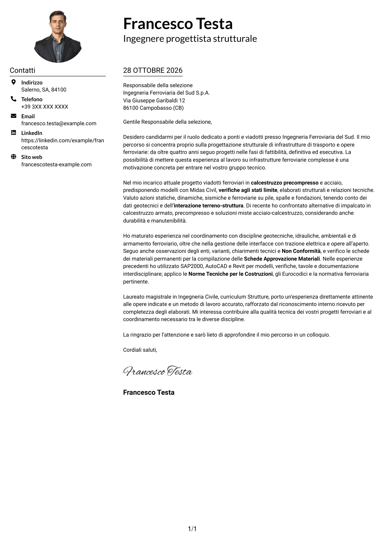 Esempio di lettera di presentazione — pagina 1