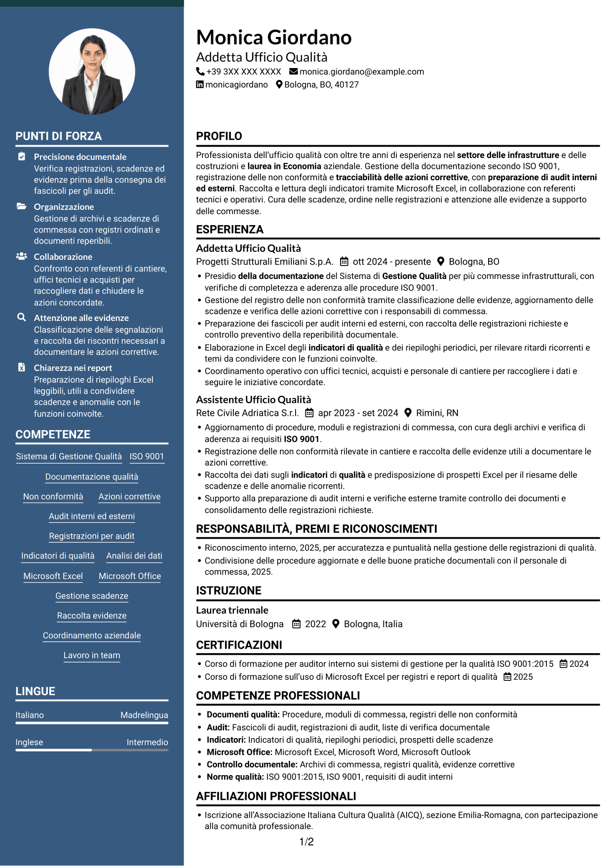 CV Elegante (formato con colonna laterale colorata e foto): Addetto Ufficio Qualità - Sistema di Gestione Qualità, pagina 1