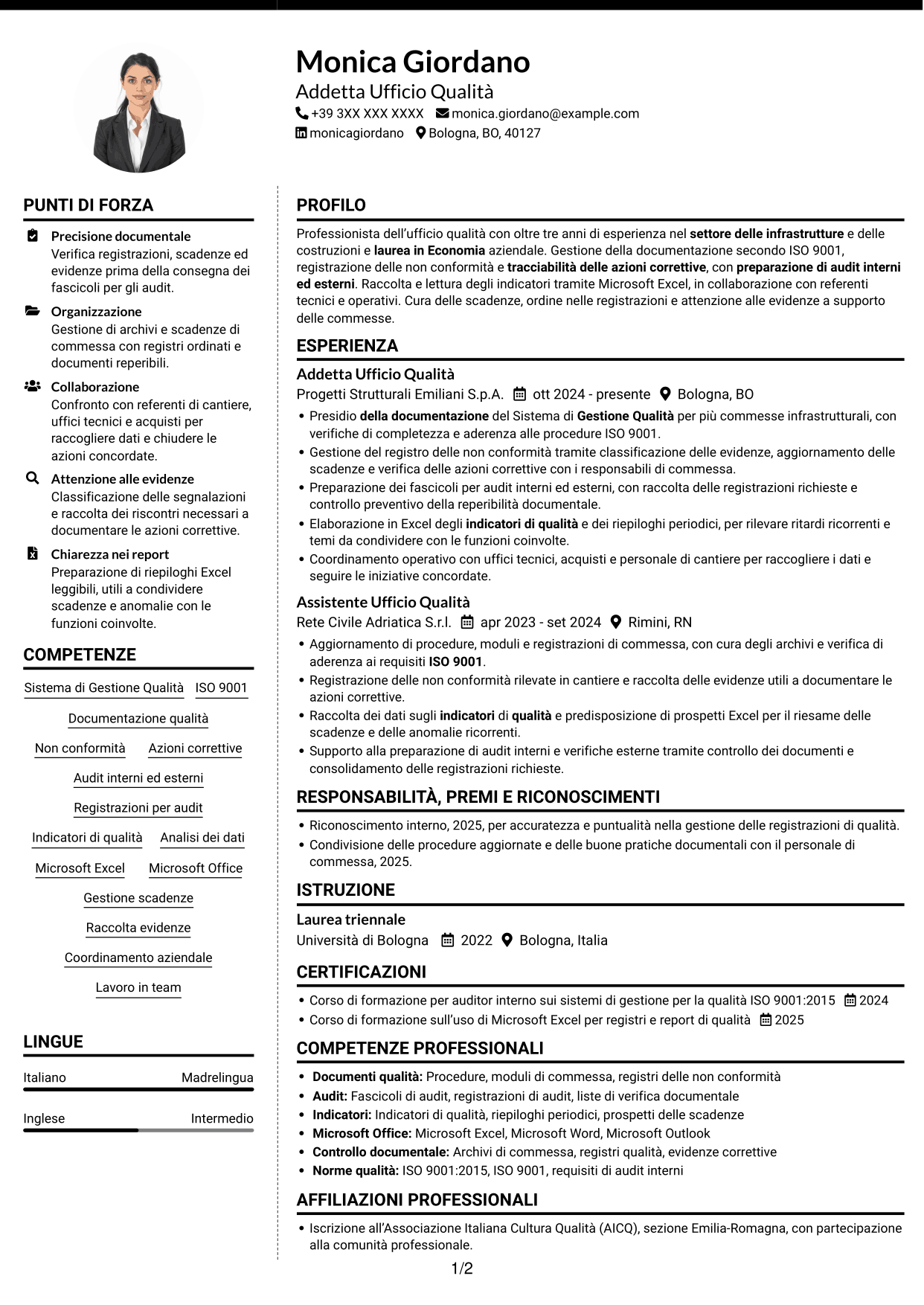 CV Moderno (formato a due colonne con foto a sinistra e separatore): Addetto Ufficio Qualità - Sistema di Gestione Qualità, pagina 1