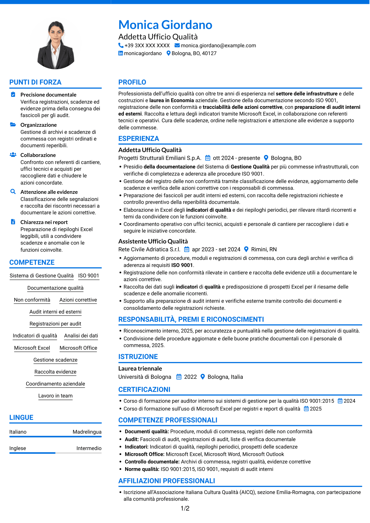 CV Audace (formato a due colonne con accenti colorati e foto): Addetto Ufficio Qualità - Sistema di Gestione Qualità, pagina 1