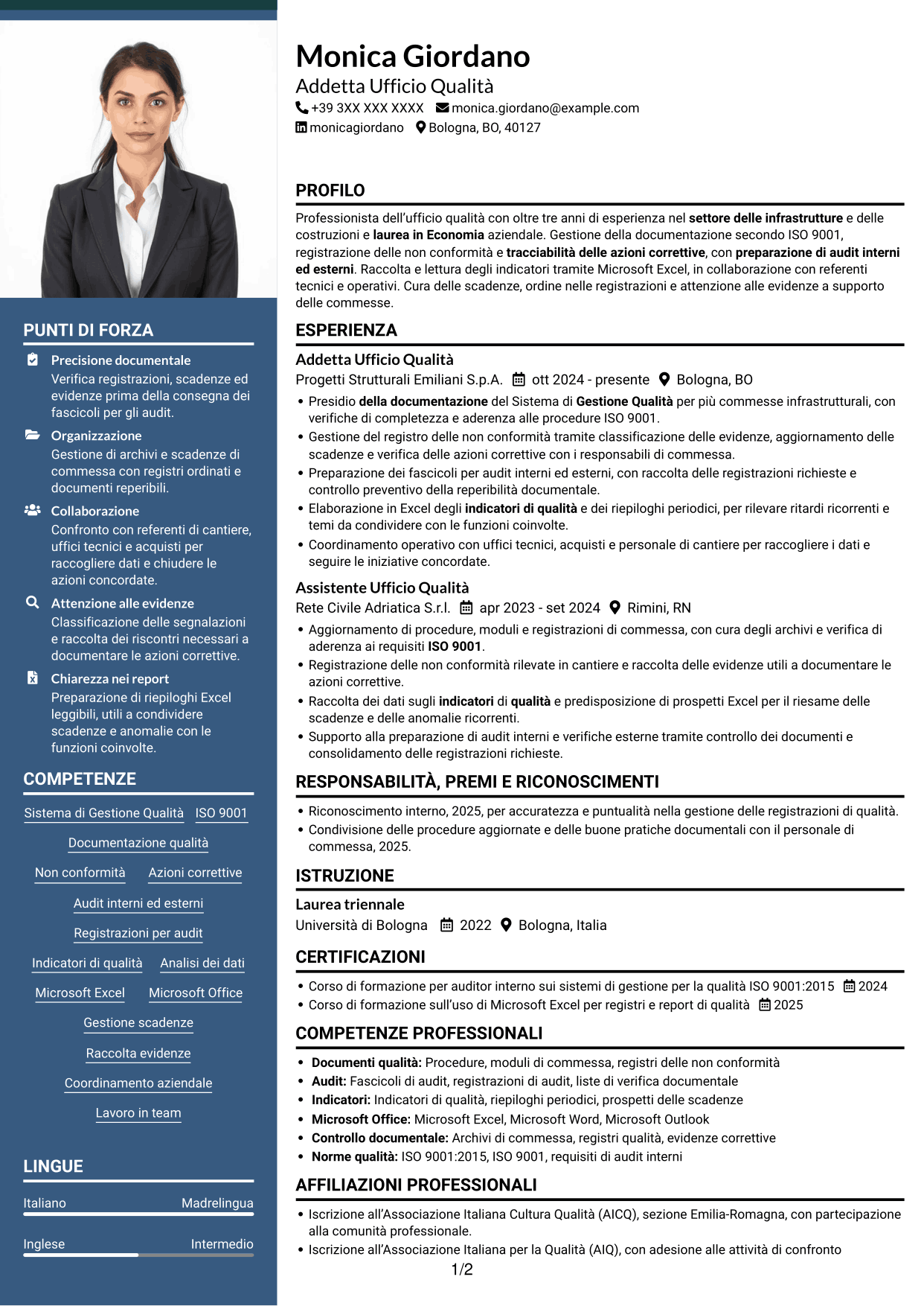CV Signature (formato con colonna laterale colorata e foto grande): Addetto Ufficio Qualità - Sistema di Gestione Qualità, pagina 1