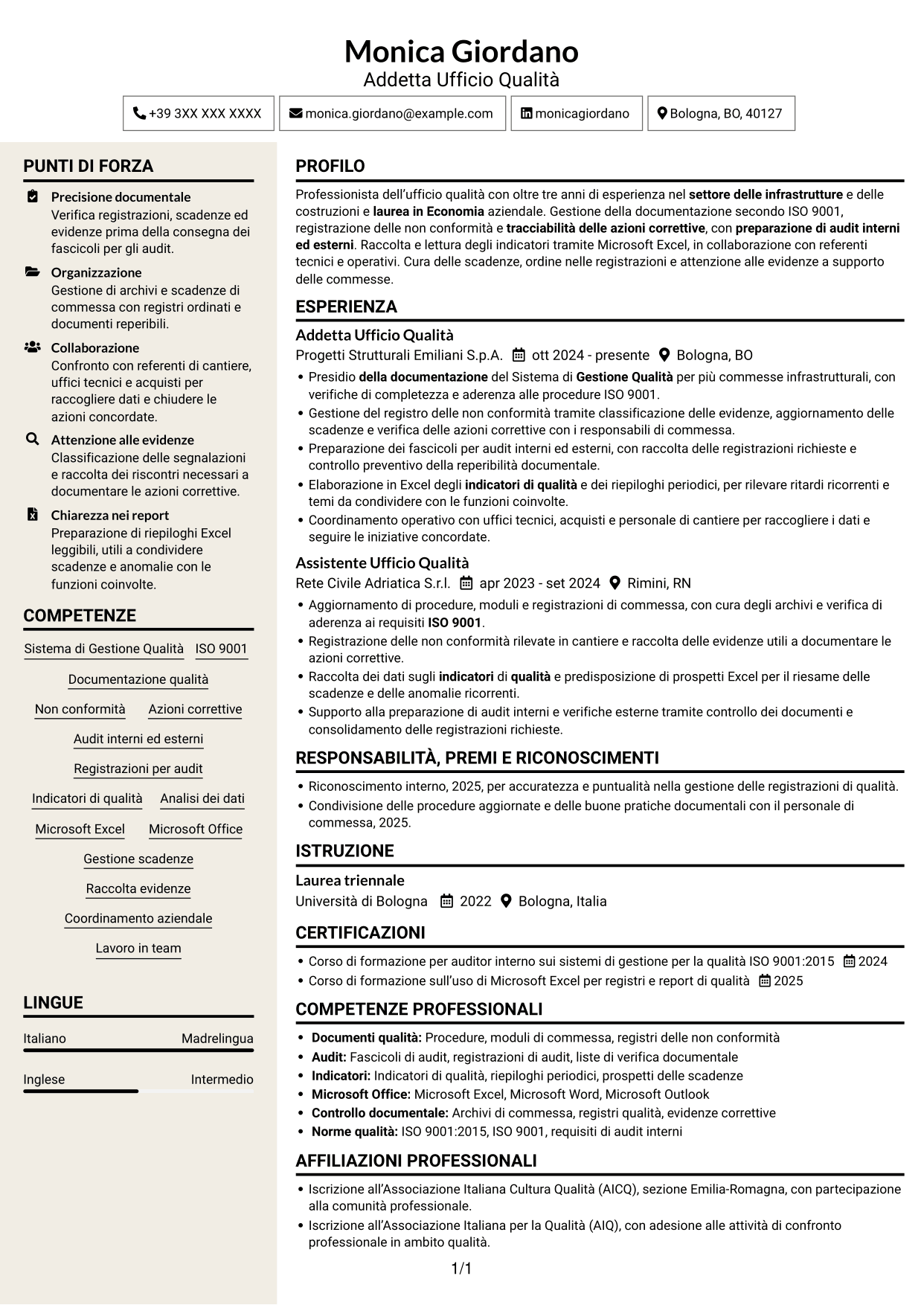 CV Intraprendente (formato a due colonne con intestazione centrata senza foto): Addetto Ufficio Qualità - Sistema di Gestione Qualità, pagina 1