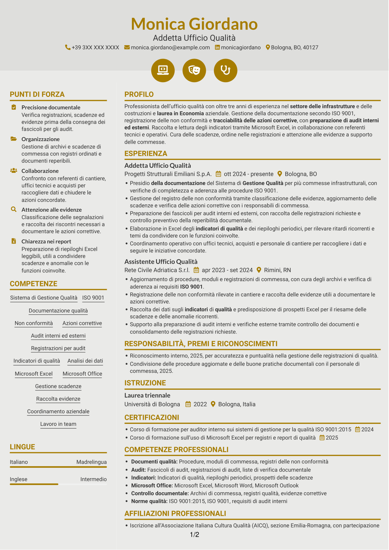 CV Dinamico (formato a due colonne con icone): Addetto Ufficio Qualità - Sistema di Gestione Qualità, pagina 1