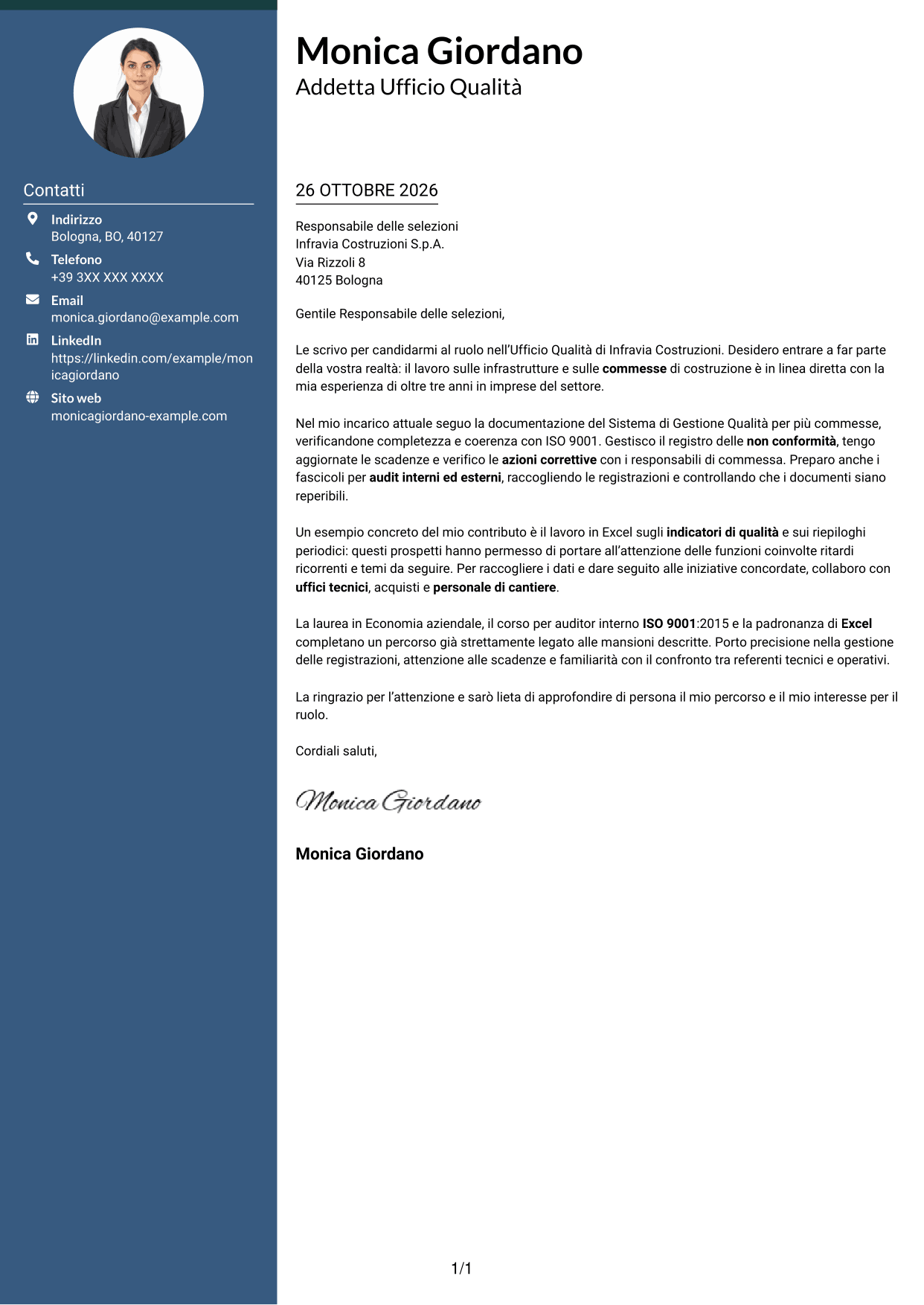 Lettera di presentazione Elegante (formato con colonna laterale colorata e foto): Addetto Ufficio Qualità - Sistema di Gestione Qualità, pagina 1