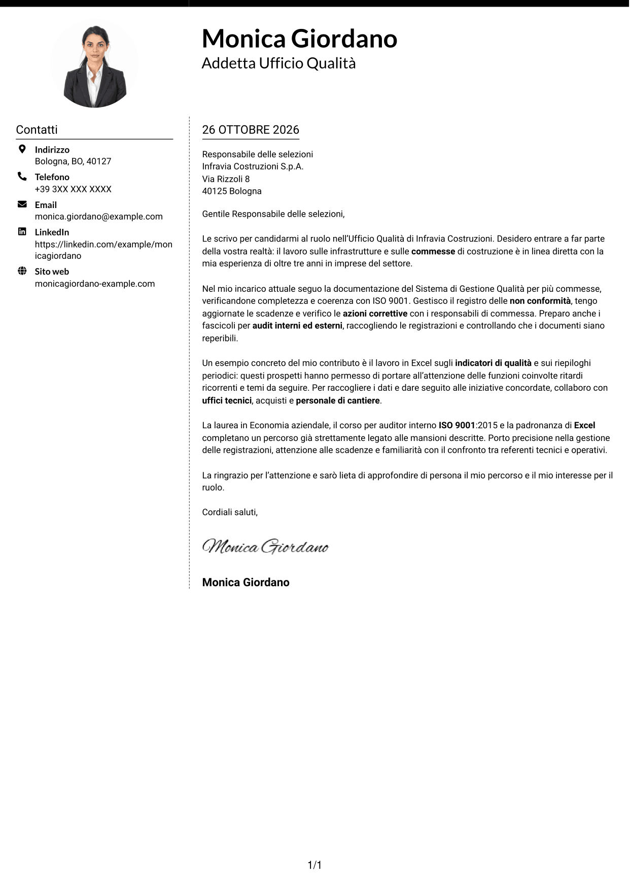 Lettera di presentazione Moderno (formato a due colonne con foto a sinistra e separatore): Addetto Ufficio Qualità - Sistema di Gestione Qualità, pagina 1