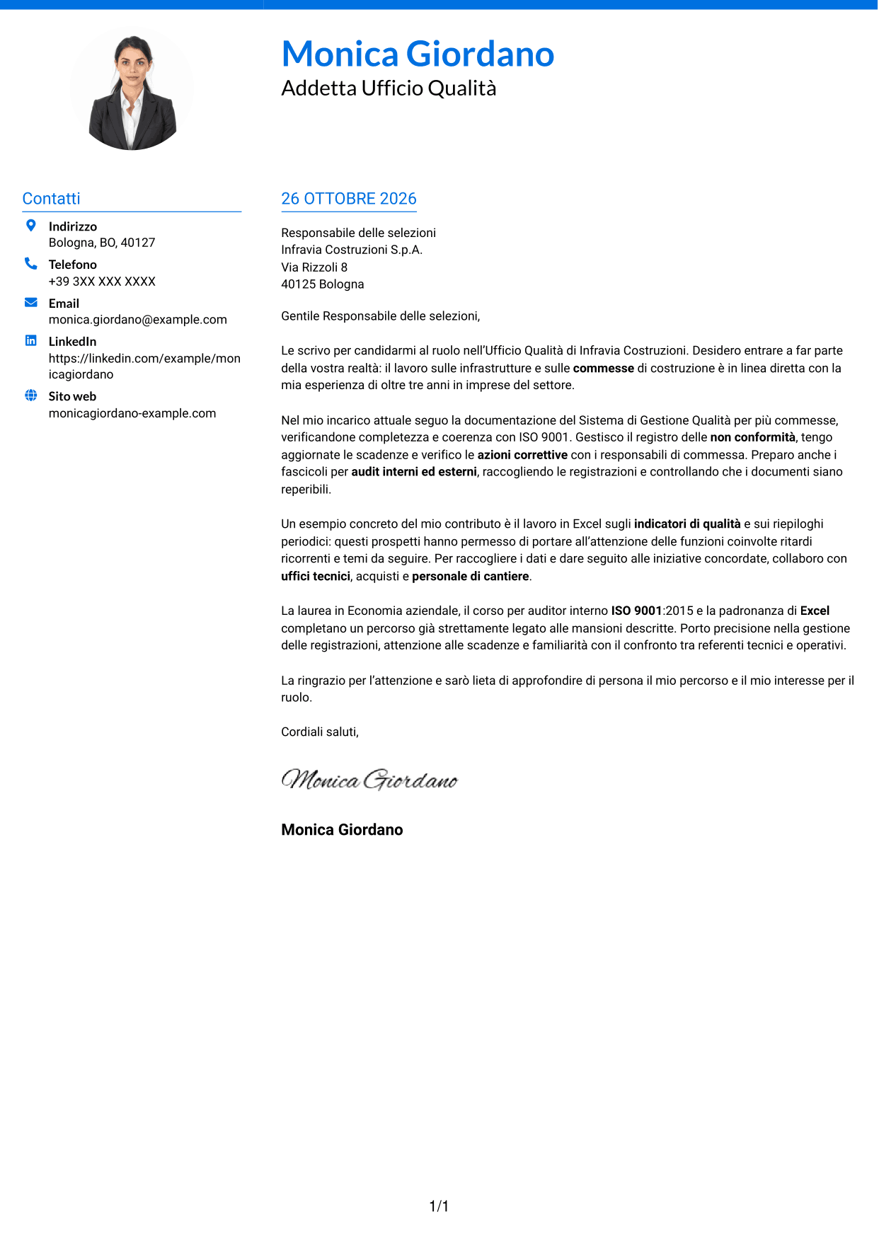 Lettera di presentazione Audace (formato a due colonne con accenti colorati e foto): Addetto Ufficio Qualità - Sistema di Gestione Qualità, pagina 1
