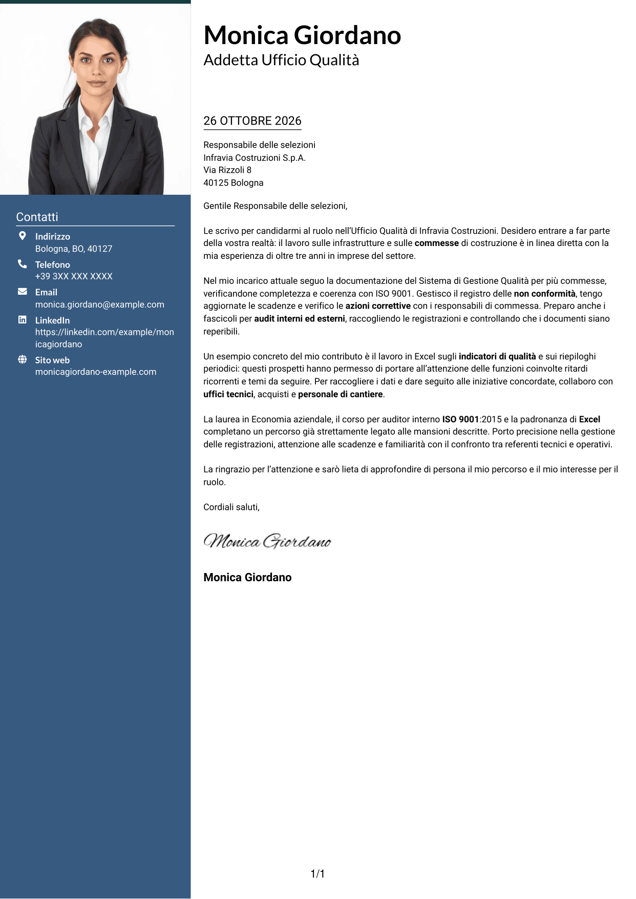 Lettera di presentazione Signature (formato con colonna laterale colorata e foto grande): Addetto Ufficio Qualità - Sistema di Gestione Qualità, pagina 1