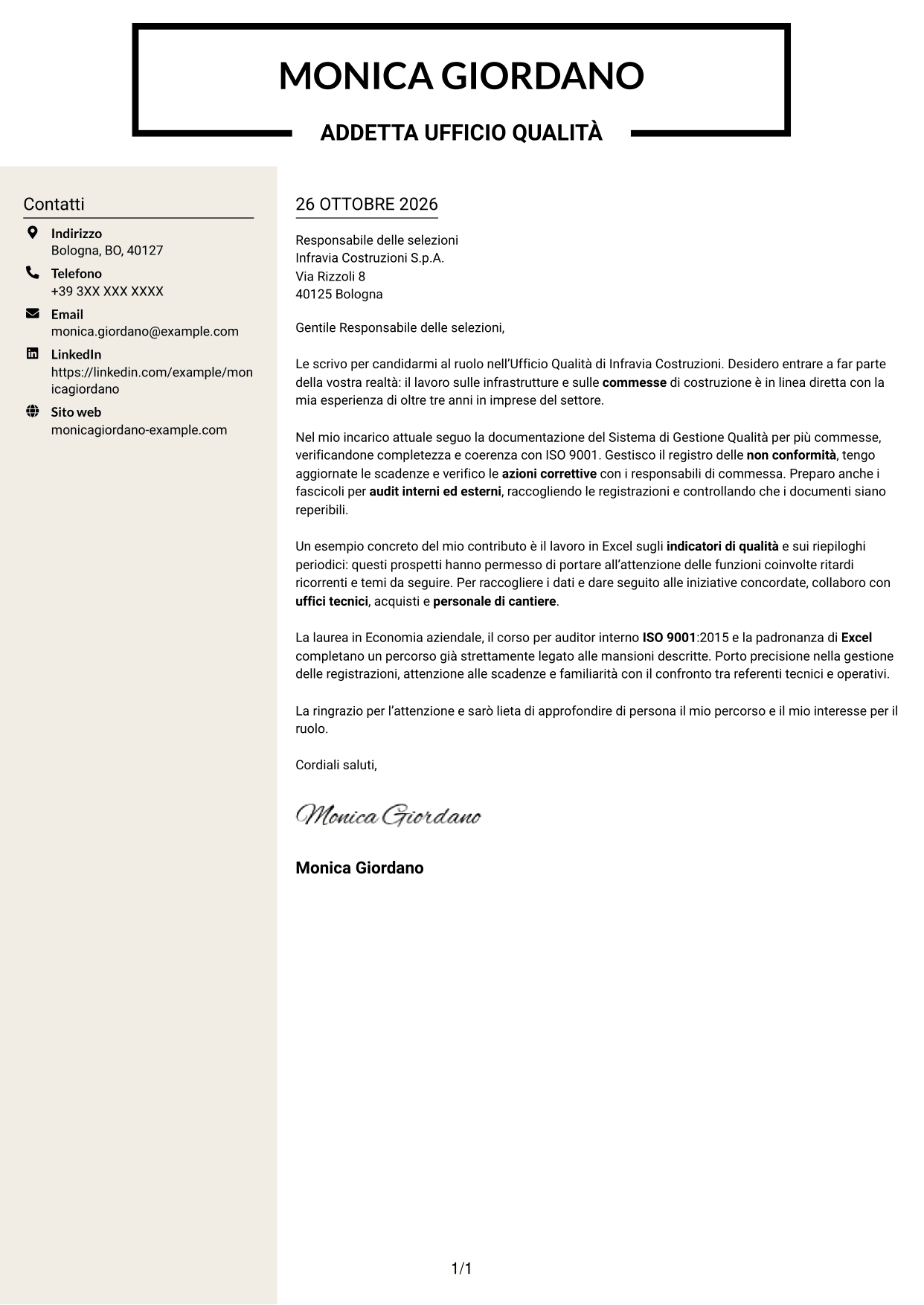 Lettera di presentazione Intraprendente (formato a due colonne con intestazione centrata senza foto): Addetto Ufficio Qualità - Sistema di Gestione Qualità, pagina 1