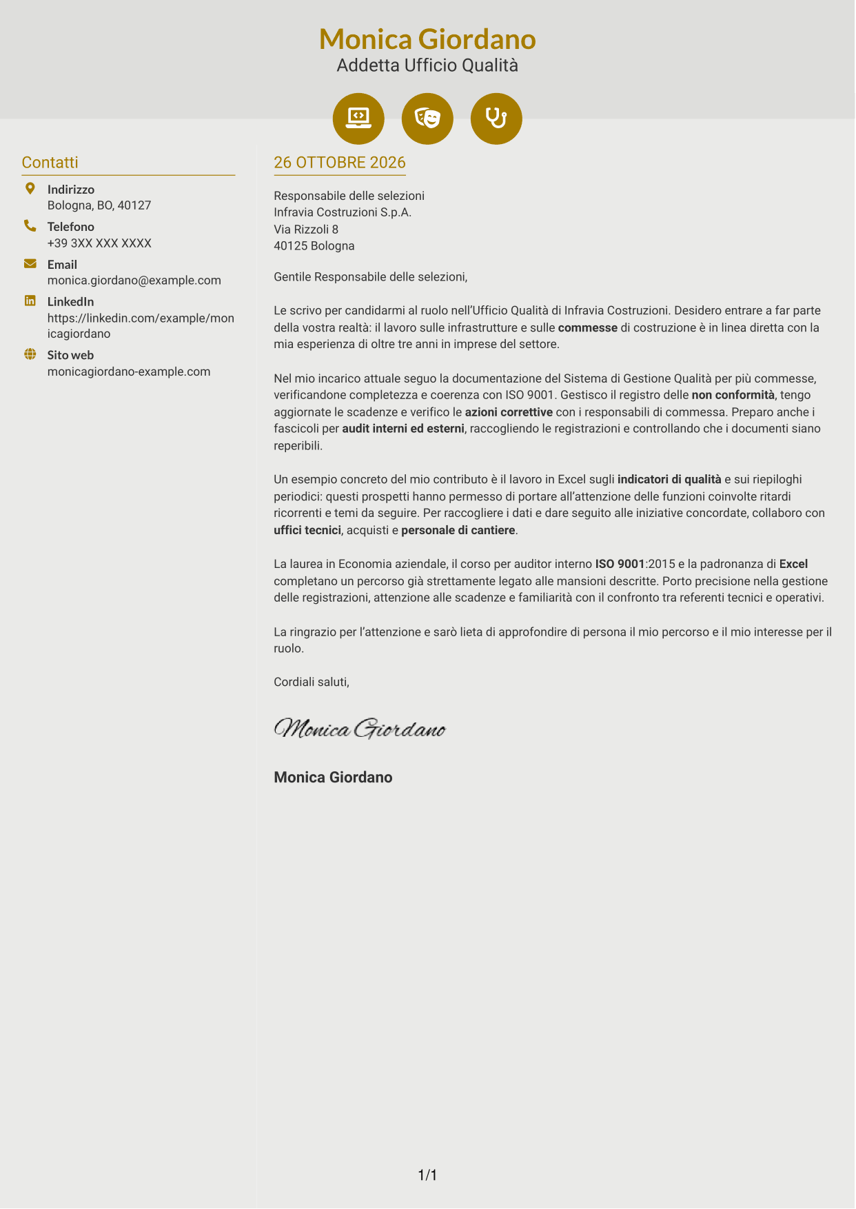 Lettera di presentazione Dinamico (formato a due colonne con icone): Addetto Ufficio Qualità - Sistema di Gestione Qualità, pagina 1