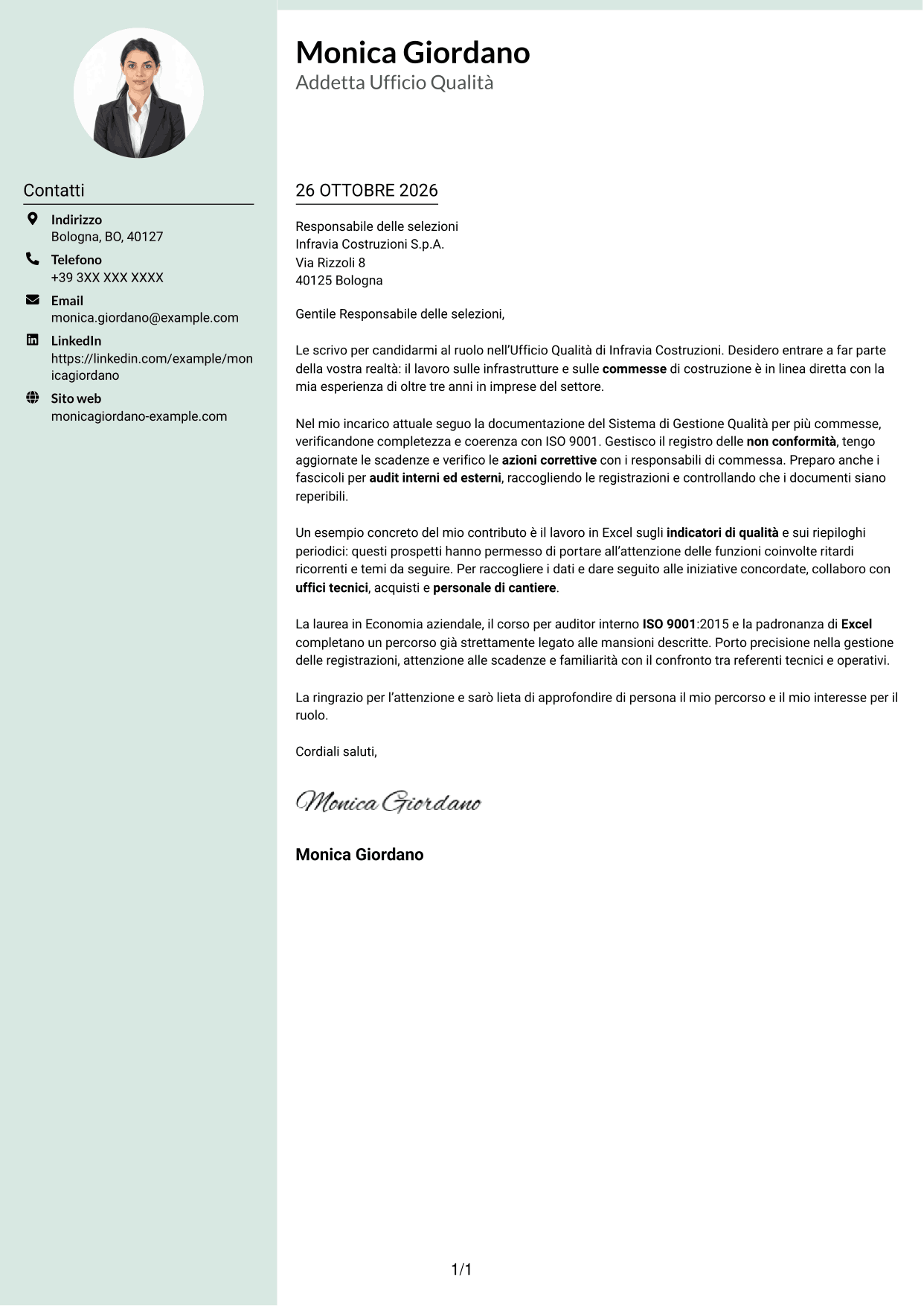 Lettera di presentazione Dirigente (formato con colonna laterale tenue e foto arrotondata): Addetto Ufficio Qualità - Sistema di Gestione Qualità, pagina 1