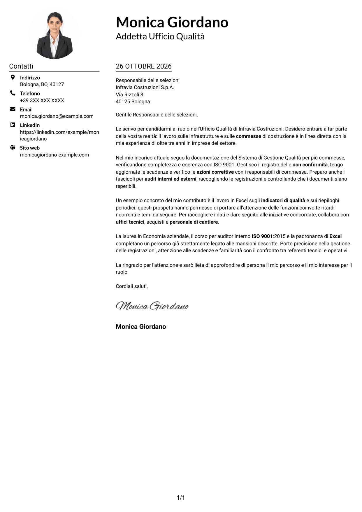 Esempio di lettera di presentazione — pagina 1