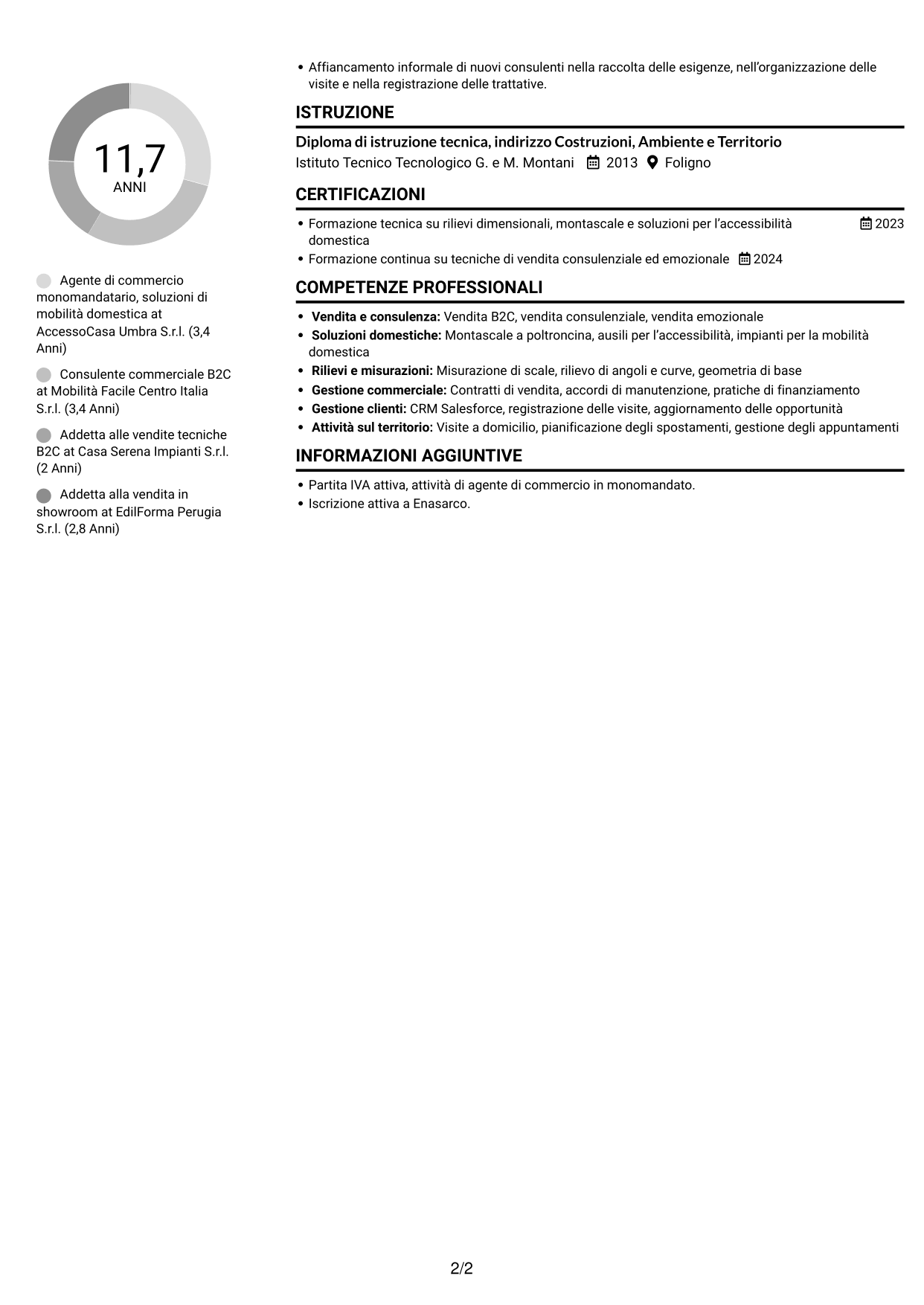 CV Compatto (formato sobrio a due colonne con foto): Agente di Commercio B2C - Soluzioni di Mobilità Domestica, pagina 2