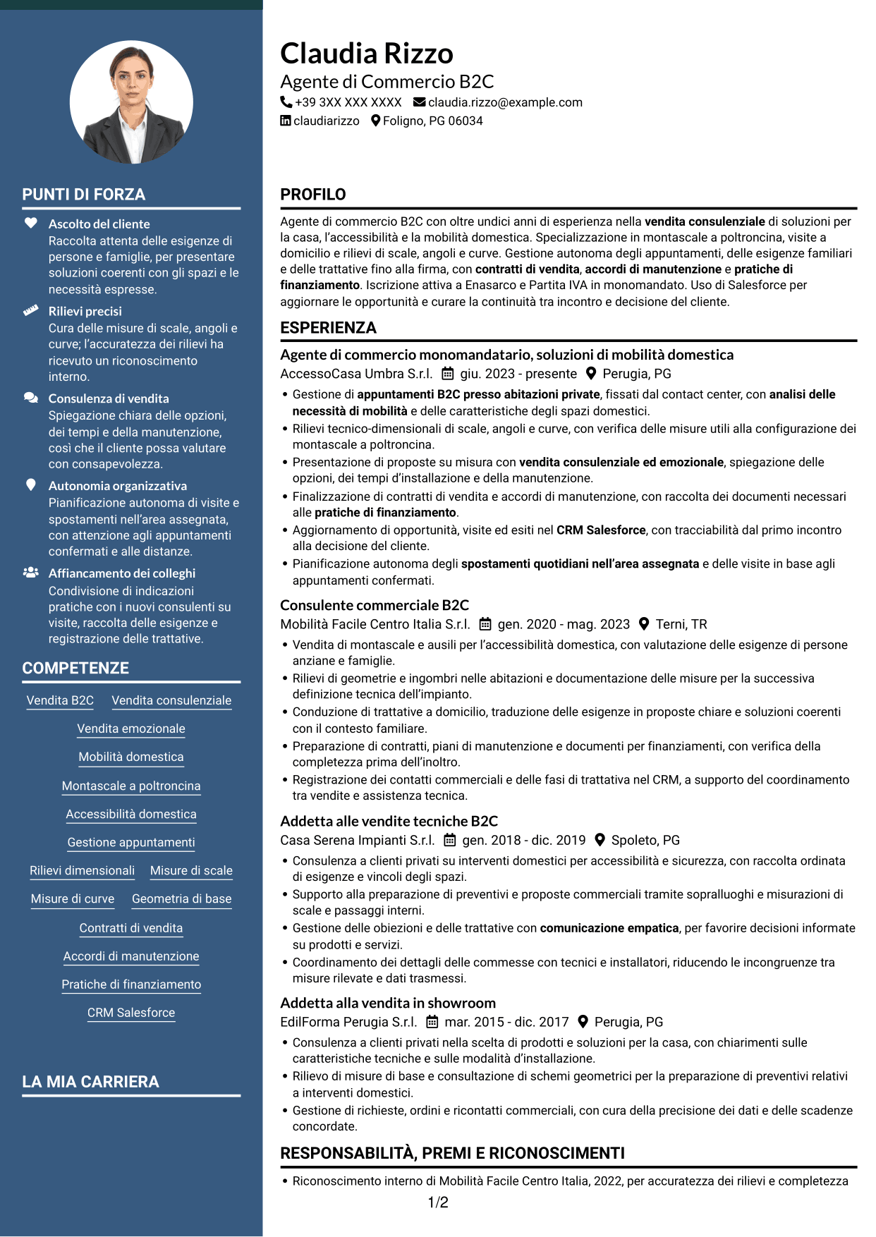 CV Elegante (formato con colonna laterale colorata e foto): Agente di Commercio B2C - Soluzioni di Mobilità Domestica, pagina 1