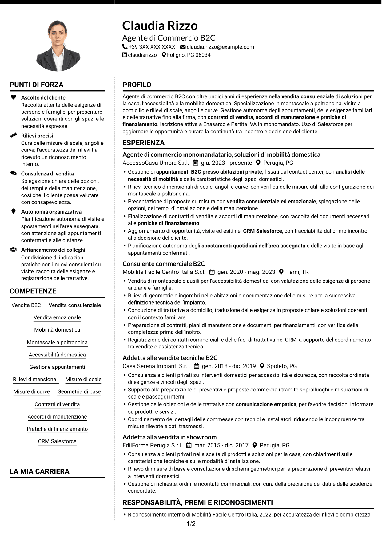CV Moderno (formato a due colonne con foto a sinistra e separatore): Agente di Commercio B2C - Soluzioni di Mobilità Domestica, pagina 1