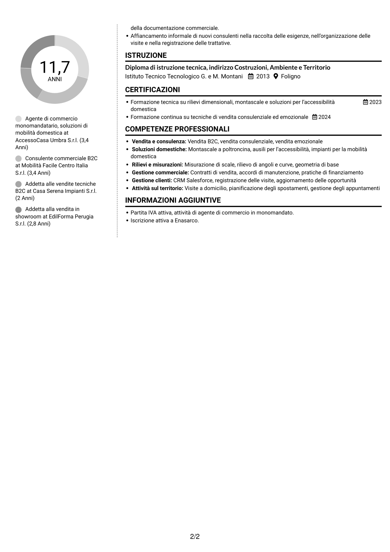 CV Moderno (formato a due colonne con foto a sinistra e separatore): Agente di Commercio B2C - Soluzioni di Mobilità Domestica, pagina 2