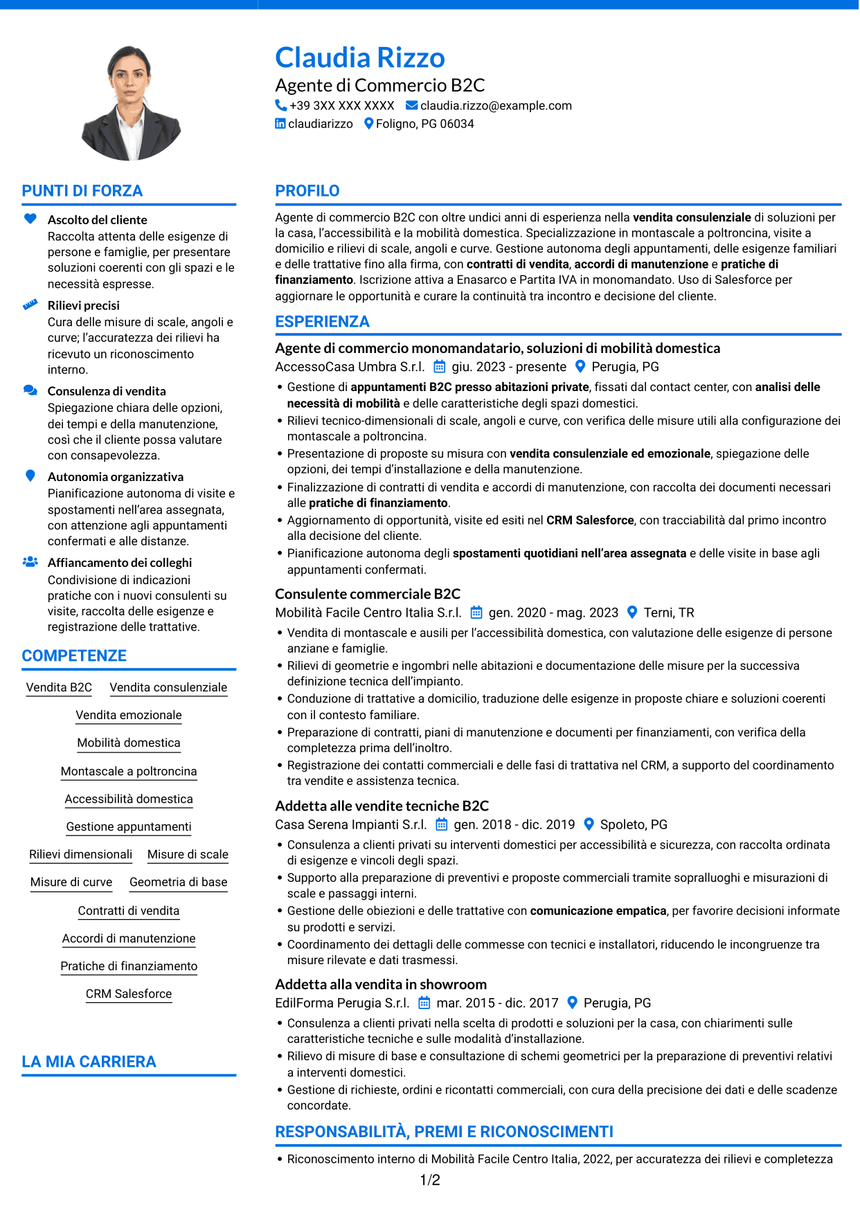 CV Audace (formato a due colonne con accenti colorati e foto): Agente di Commercio B2C - Soluzioni di Mobilità Domestica, pagina 1