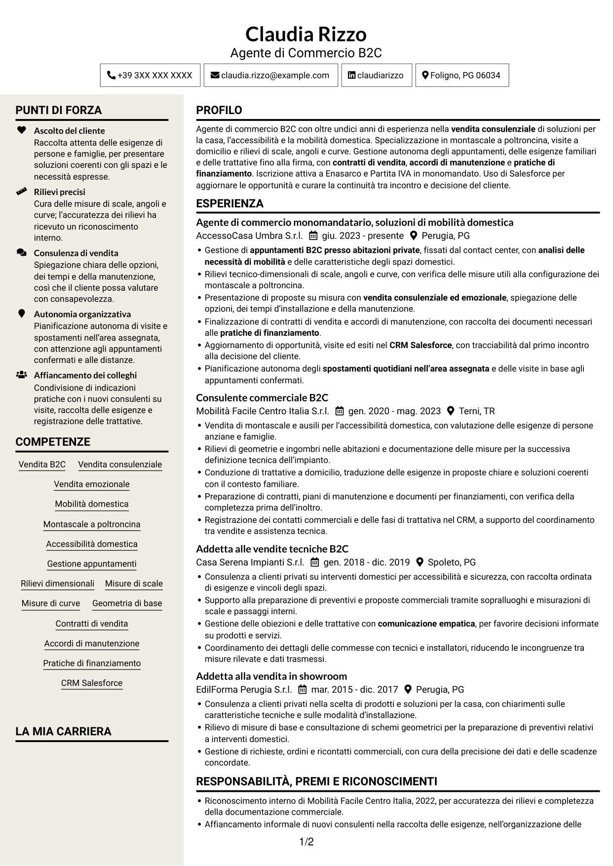 CV Intraprendente (formato a due colonne con intestazione centrata senza foto): Agente di Commercio B2C - Soluzioni di Mobilità Domestica, pagina 1