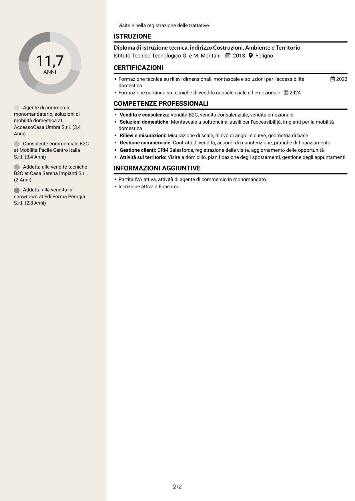 CV Intraprendente (formato a due colonne con intestazione centrata senza foto): Agente di Commercio B2C - Soluzioni di Mobilità Domestica, pagina 2