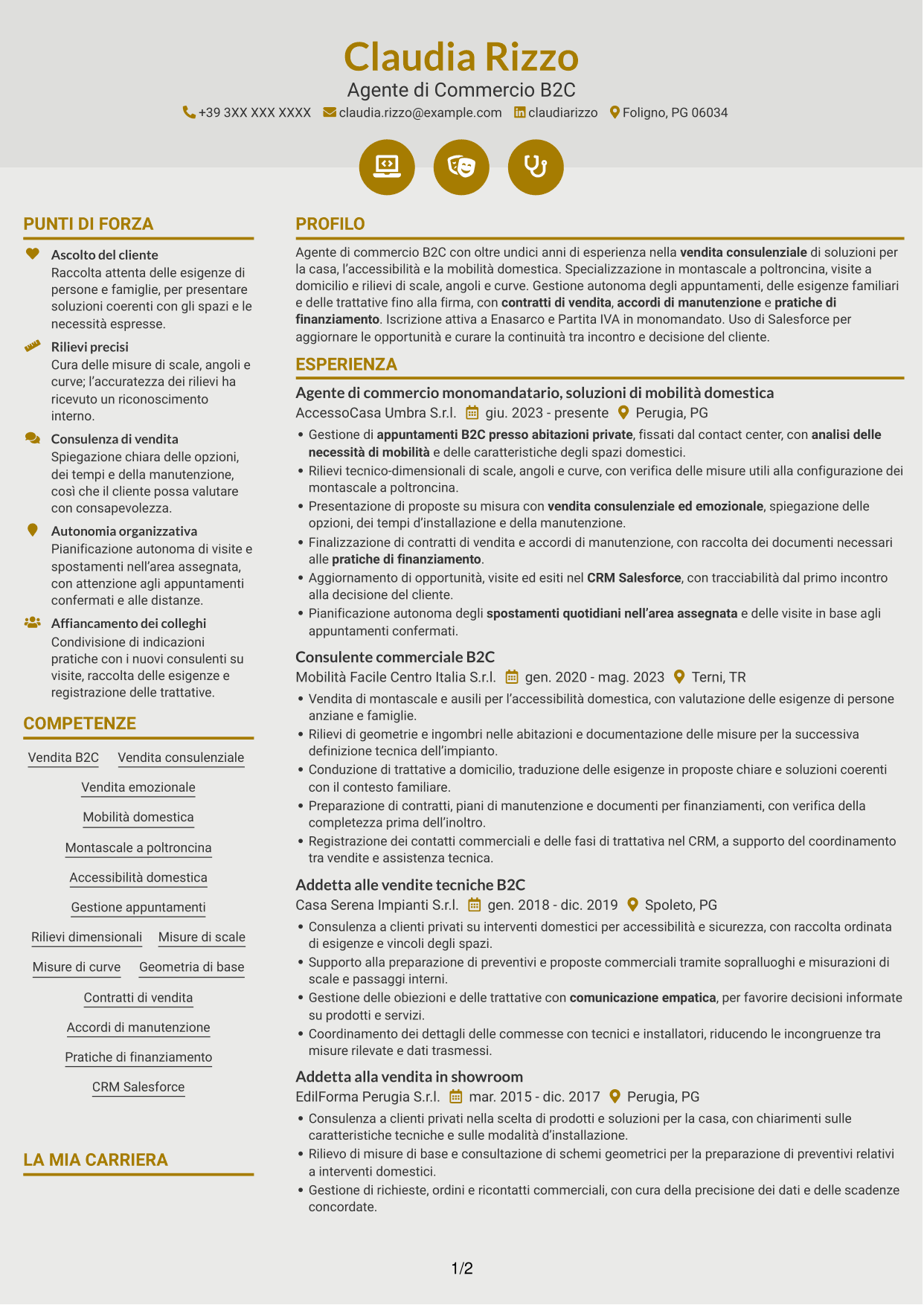 CV Dinamico (formato a due colonne con icone): Agente di Commercio B2C - Soluzioni di Mobilità Domestica, pagina 1