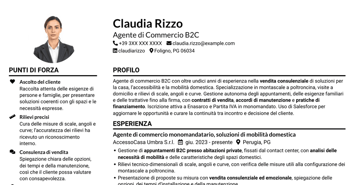 7 modelli di CV per Agente di Commercio B2C - Soluzioni di Mobilità Domestica, con esempi