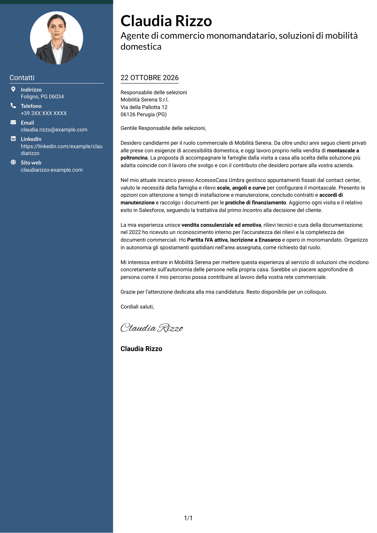Lettera di presentazione Elegante (formato con colonna laterale colorata e foto): Agente di Commercio B2C - Soluzioni di Mobilità Domestica, pagina 1