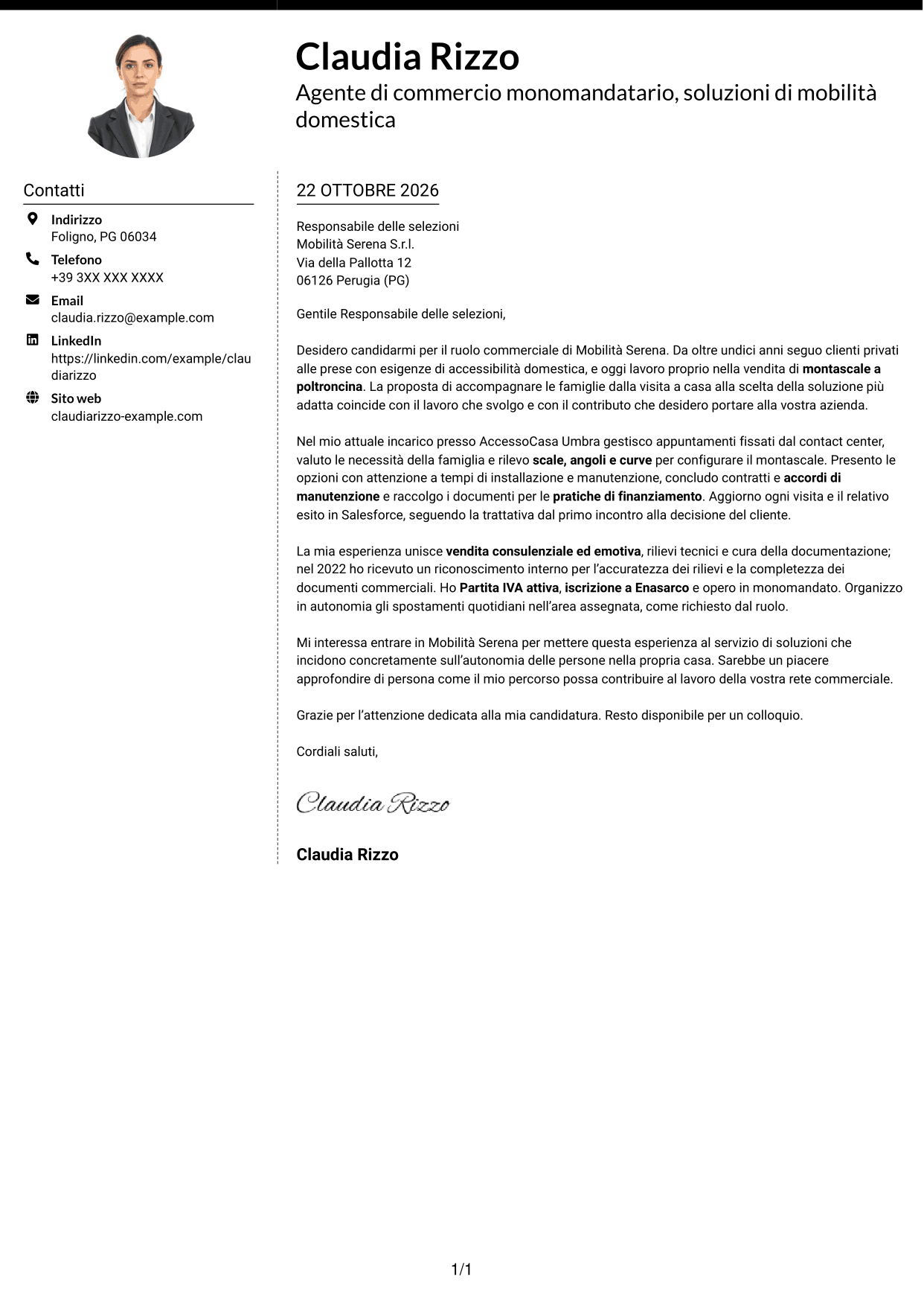 Lettera di presentazione Moderno (formato a due colonne con foto a sinistra e separatore): Agente di Commercio B2C - Soluzioni di Mobilità Domestica, pagina 1