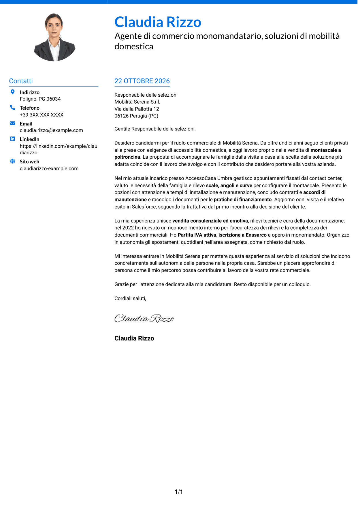 Lettera di presentazione Audace (formato a due colonne con accenti colorati e foto): Agente di Commercio B2C - Soluzioni di Mobilità Domestica, pagina 1