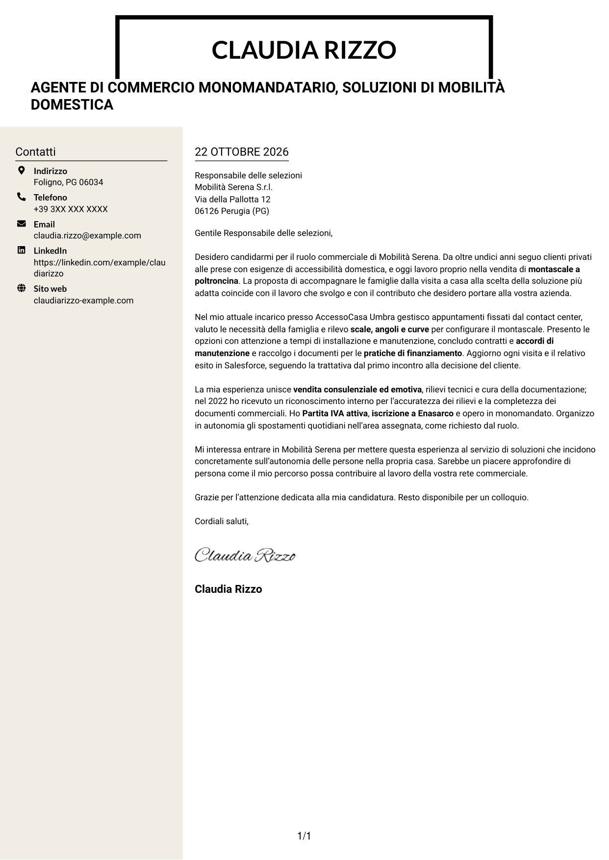 Lettera di presentazione Intraprendente (formato a due colonne con intestazione centrata senza foto): Agente di Commercio B2C - Soluzioni di Mobilità Domestica, pagina 1
