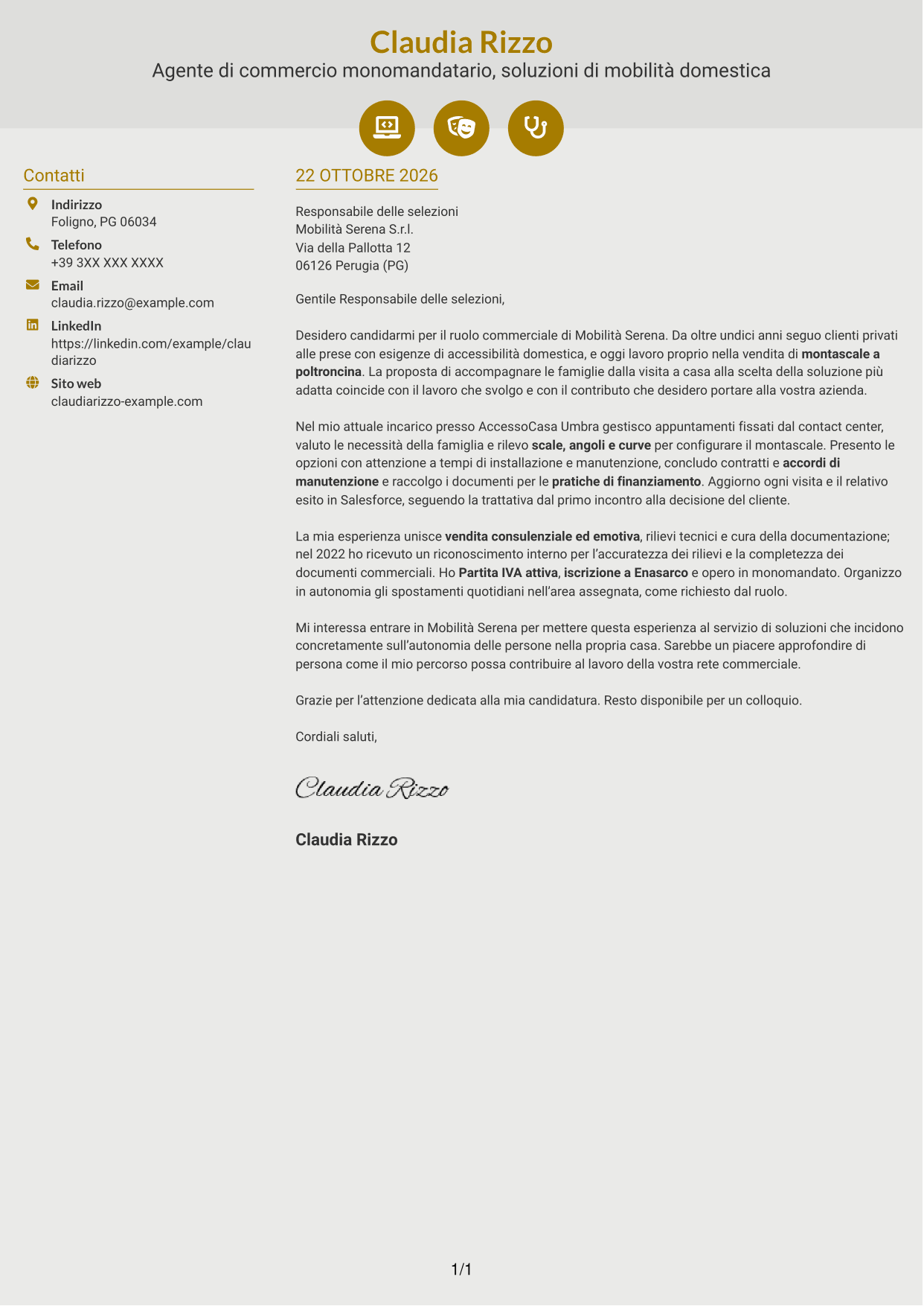 Lettera di presentazione Dinamico (formato a due colonne con icone): Agente di Commercio B2C - Soluzioni di Mobilità Domestica, pagina 1